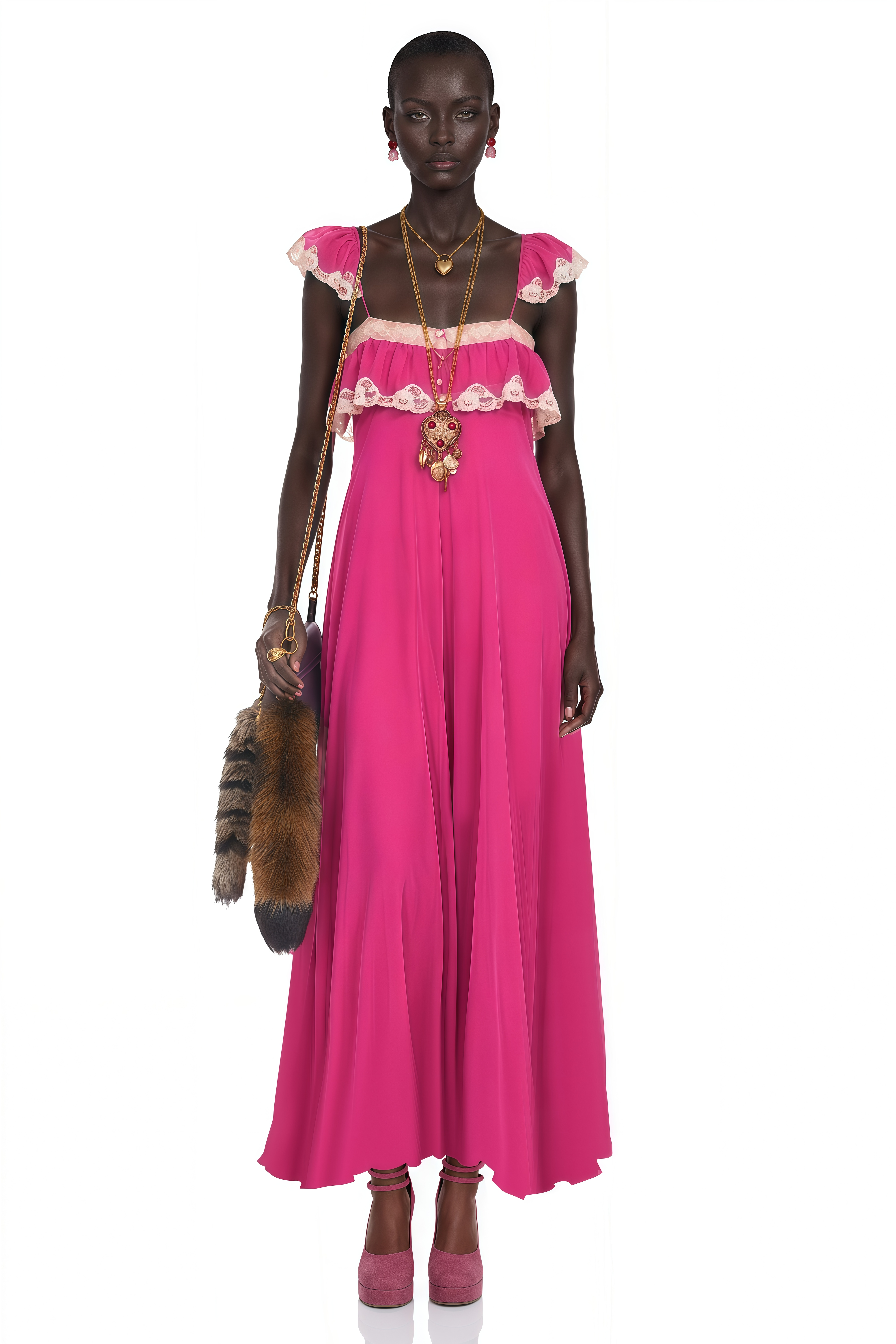 Ines Fuchsia Lace Trim Maxi Dress