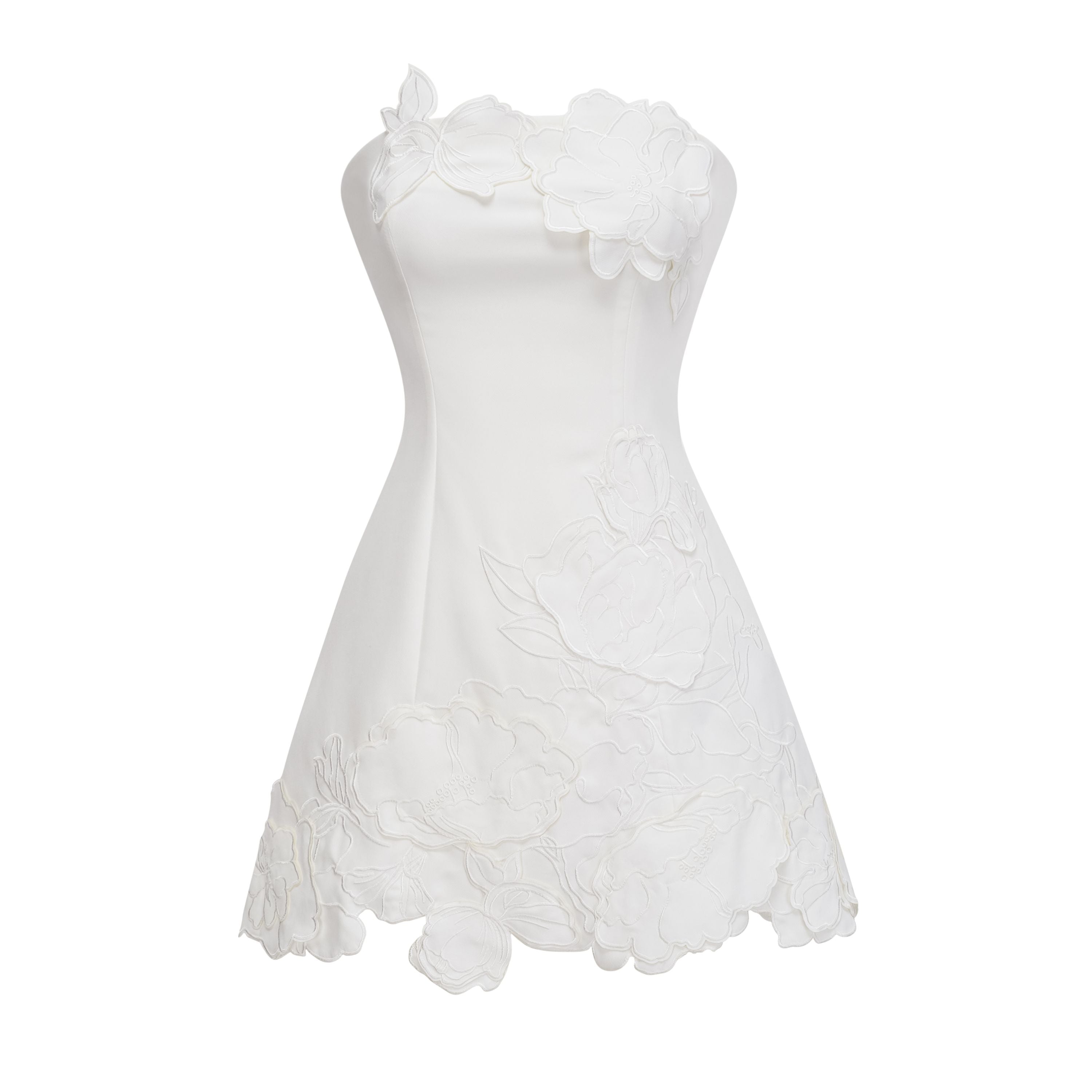 White strapless mini dress with 3D floral appliqués
