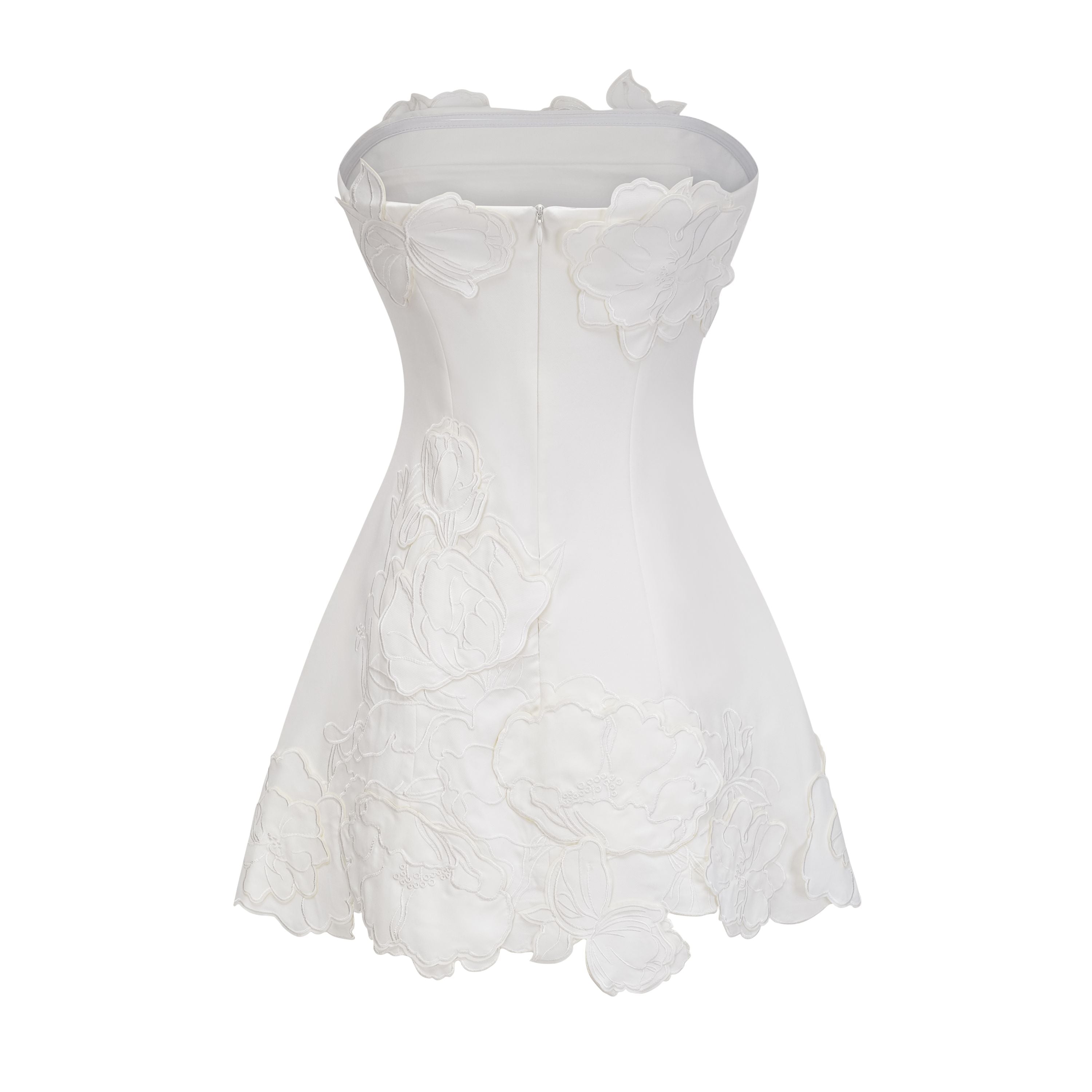 White strapless mini dress with 3D floral appliqués