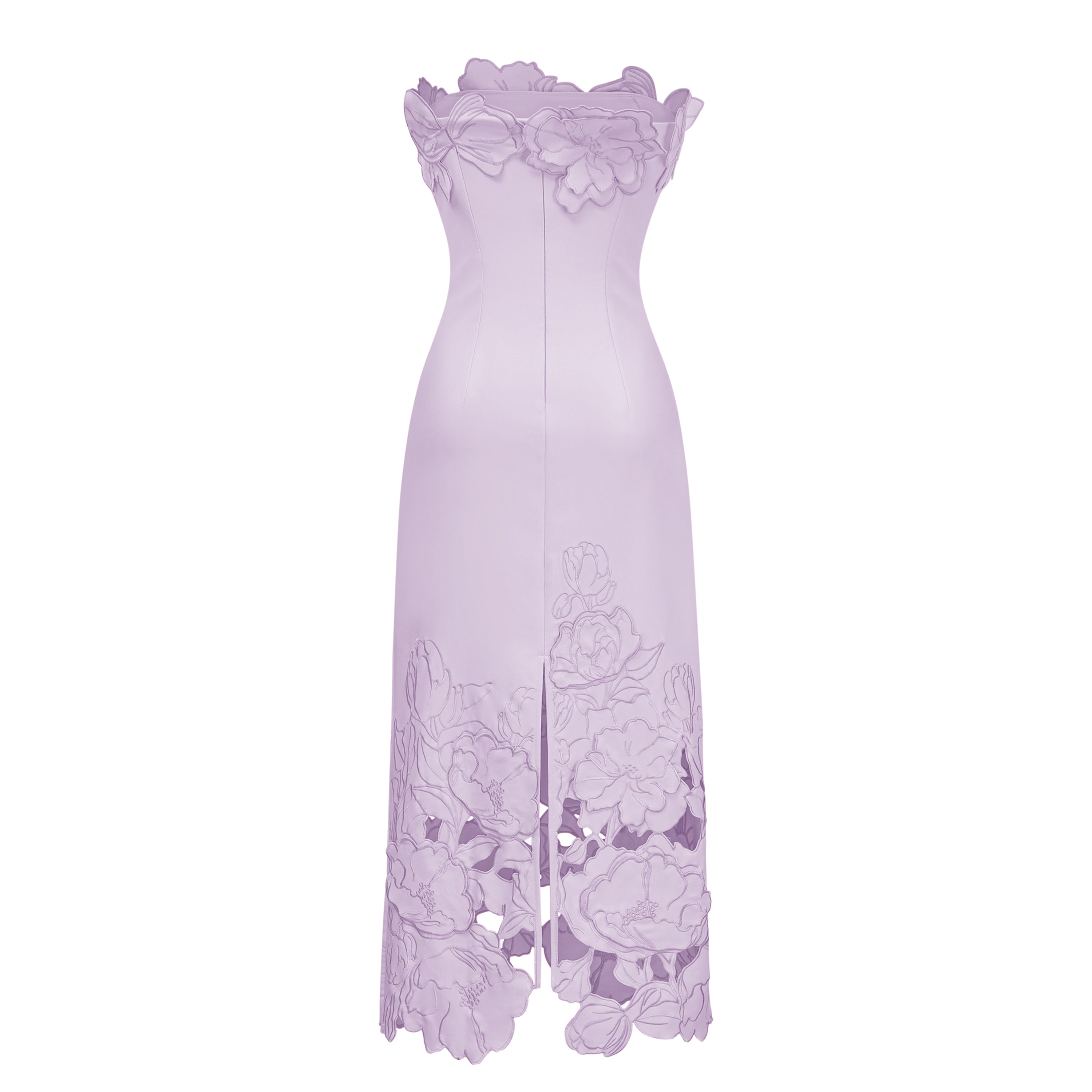 Lavender strapless midi dress with 3D floral appliqués and a cutout floral hem