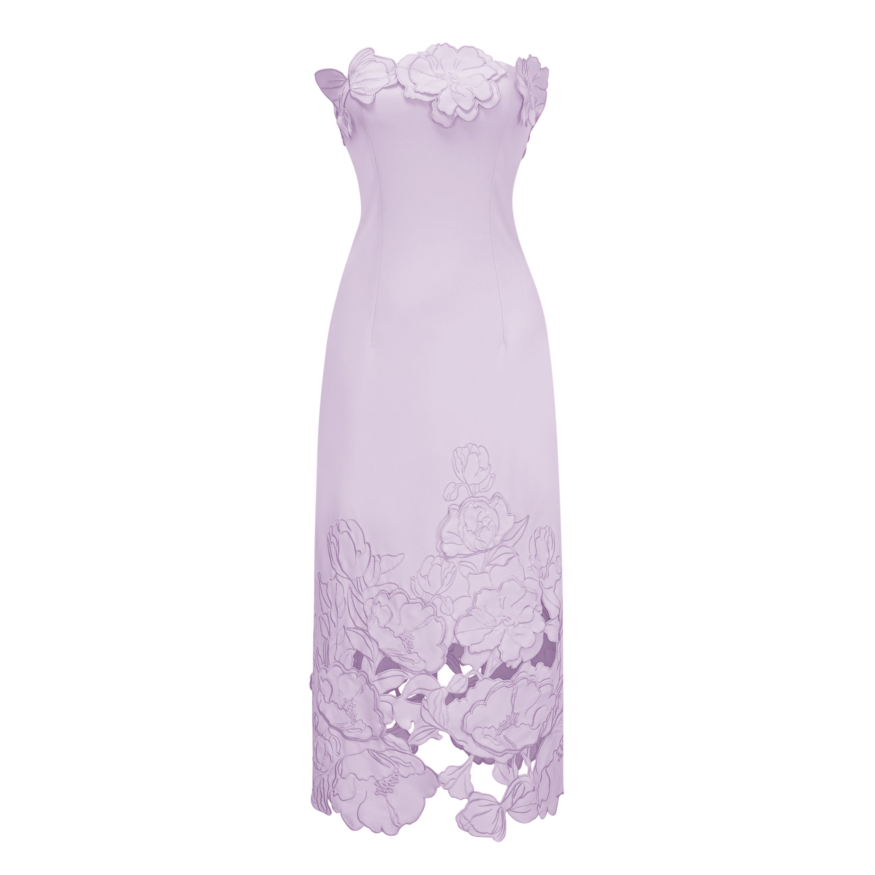 Lavender strapless midi dress with 3D floral appliqués and a cutout floral hem