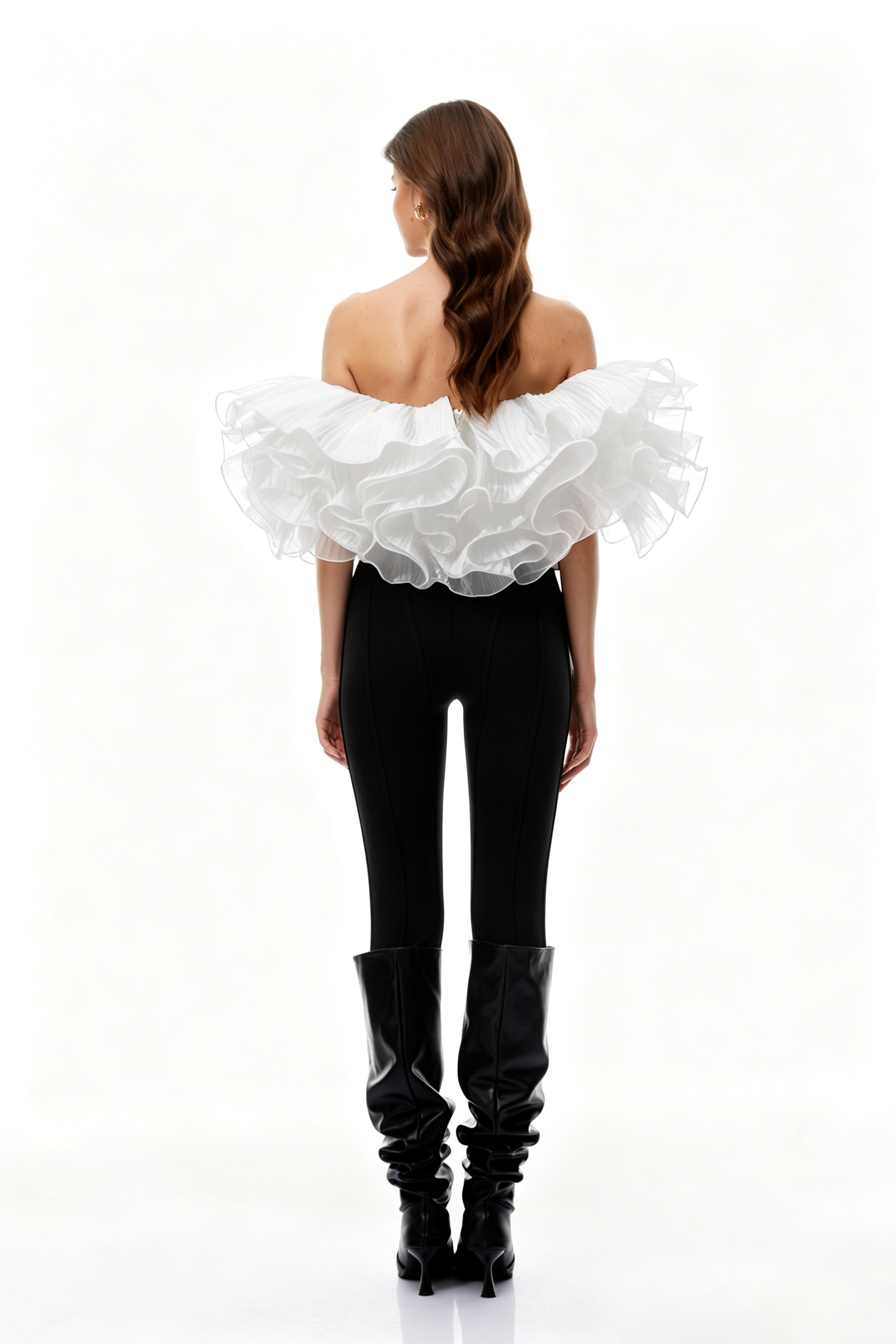 White pleated voluminous ruffled off-the-shoulder top