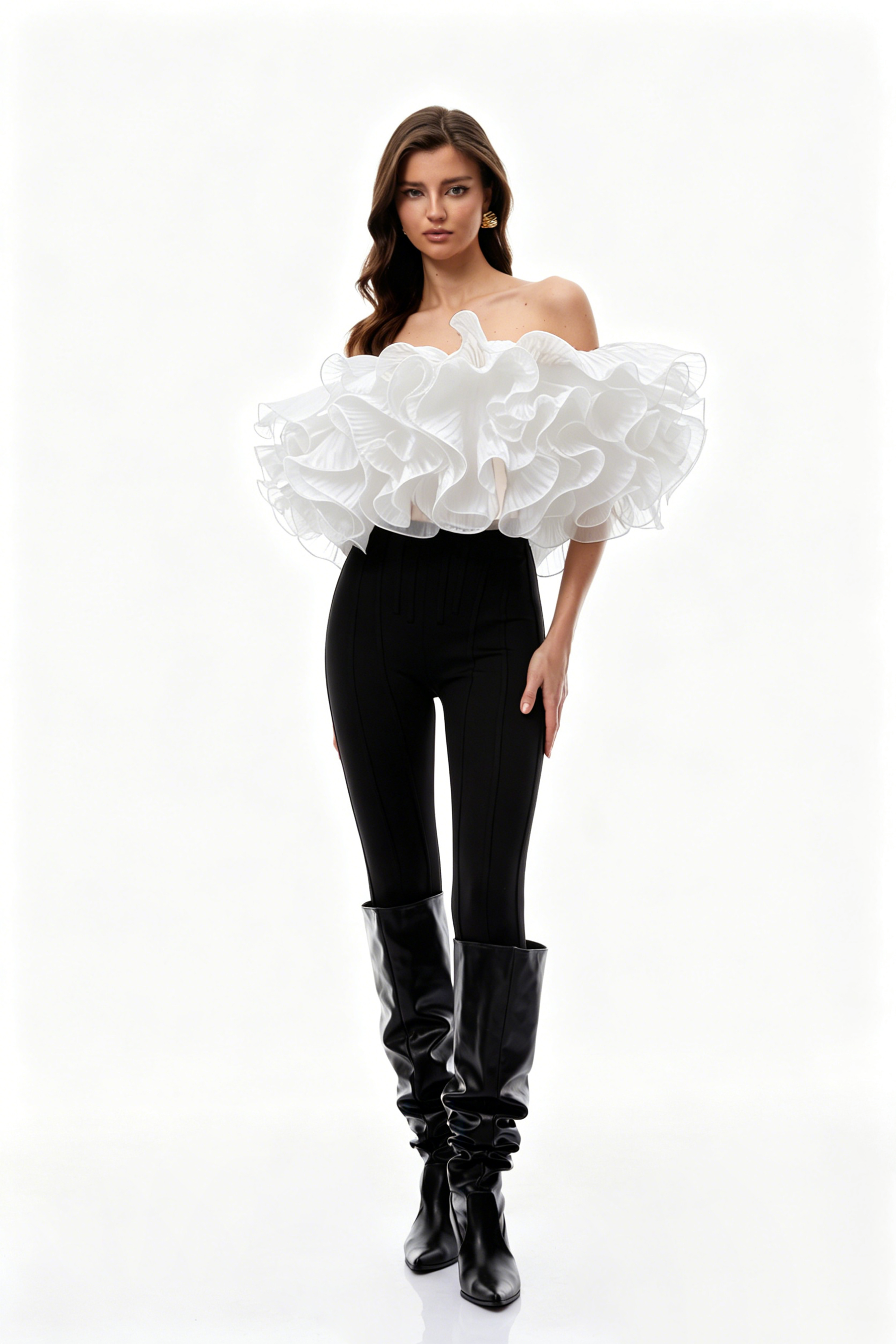 White pleated voluminous ruffled off-the-shoulder top