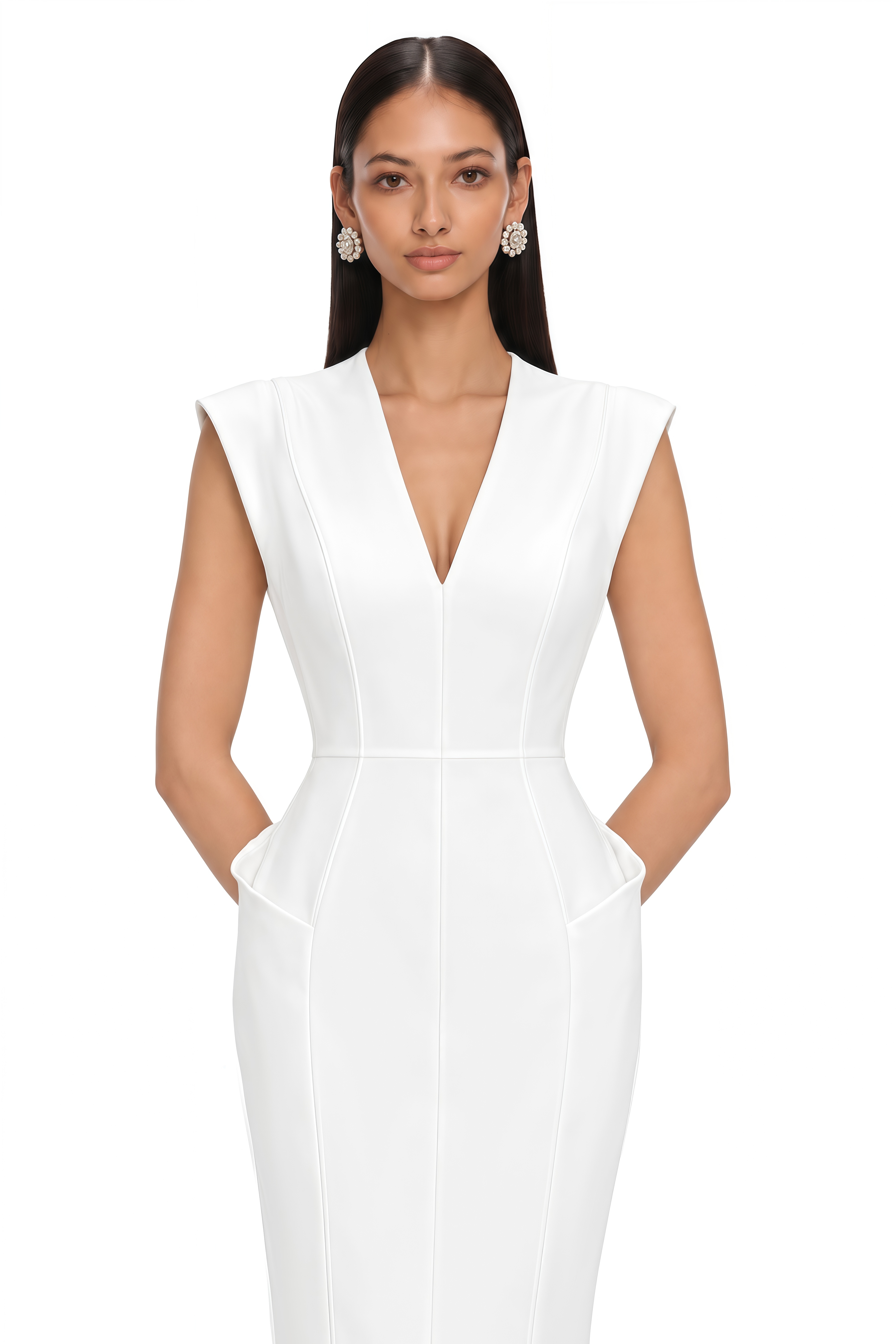 Ione White Plunge Neck Sculpted Maxi Dress