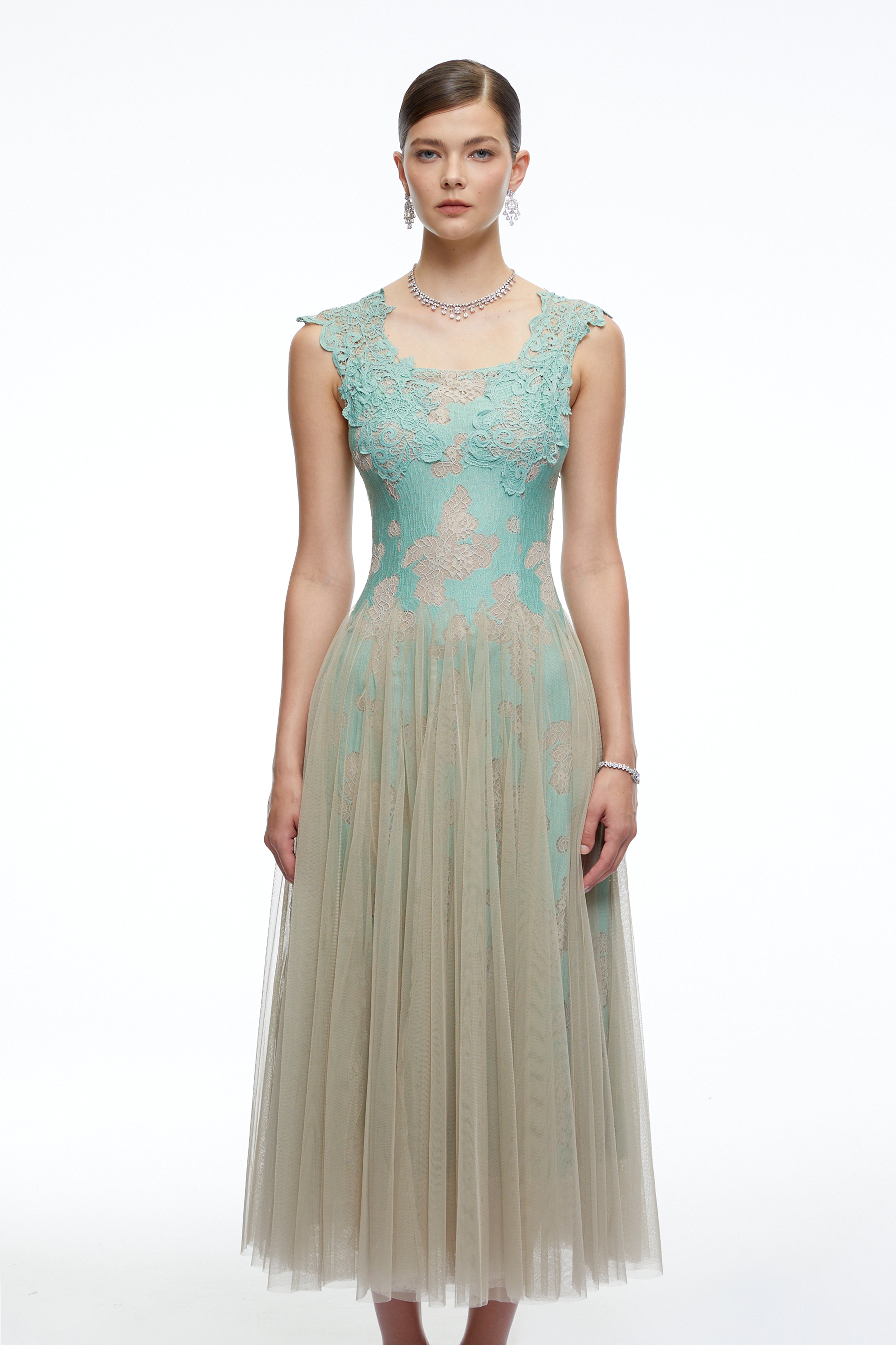 Ione Mint Green Lace Mesh Tulle Midi Dress – Miss Rosier - Women's