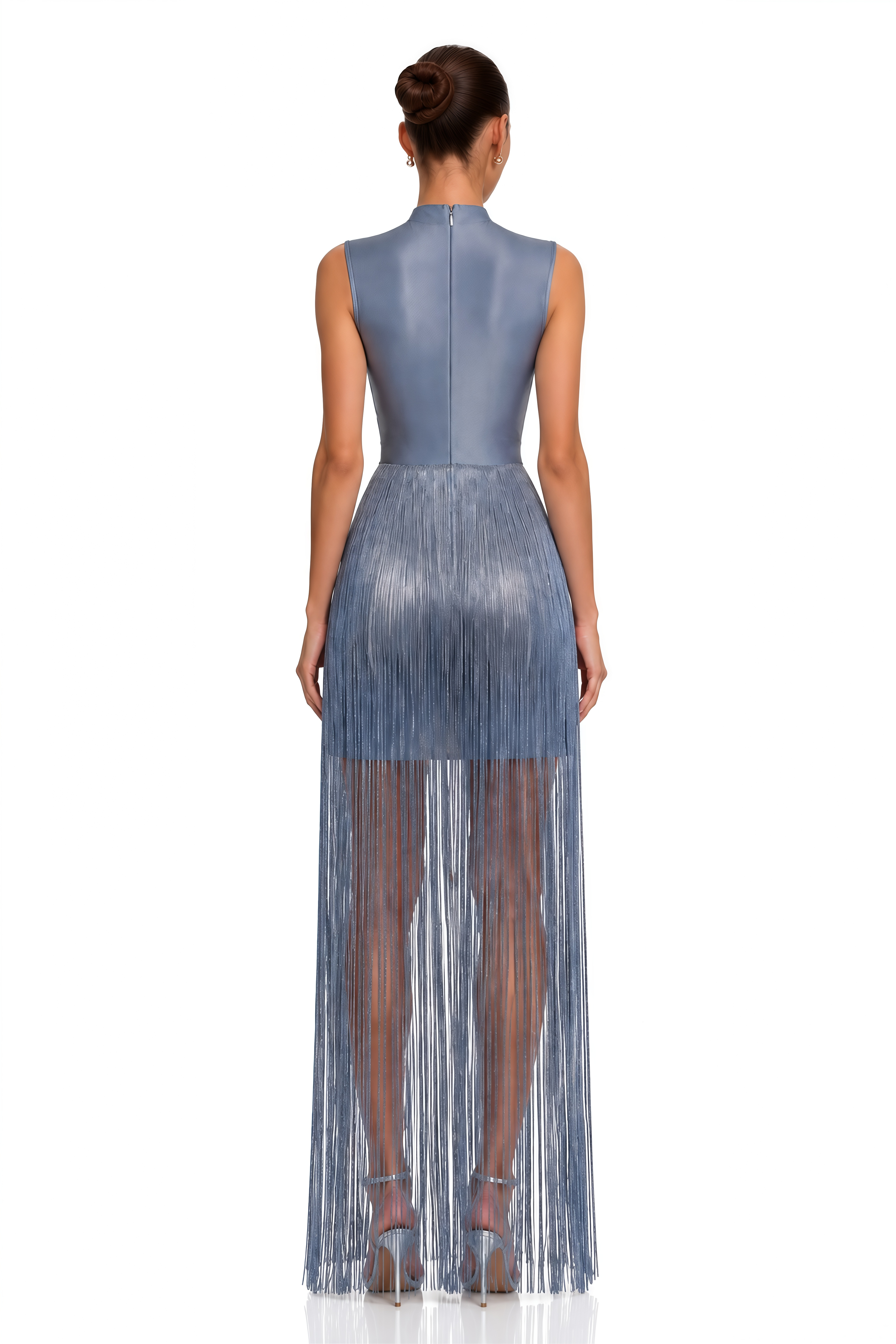 Iosefa Blue Turtleneck Draped Fringe Maxi Dress