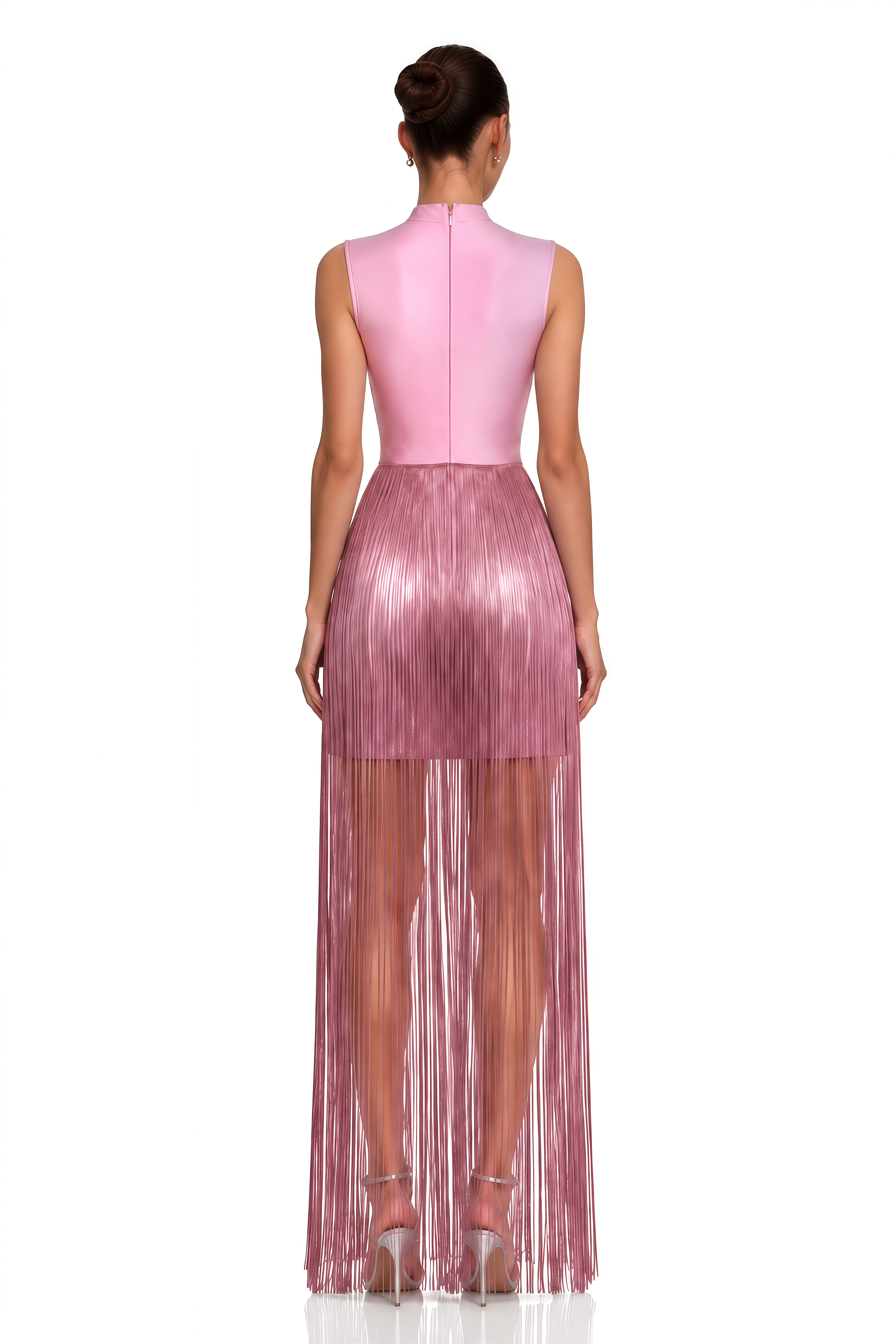Iosefa Pink Sleeveless Draped Fringe Maxi Dress