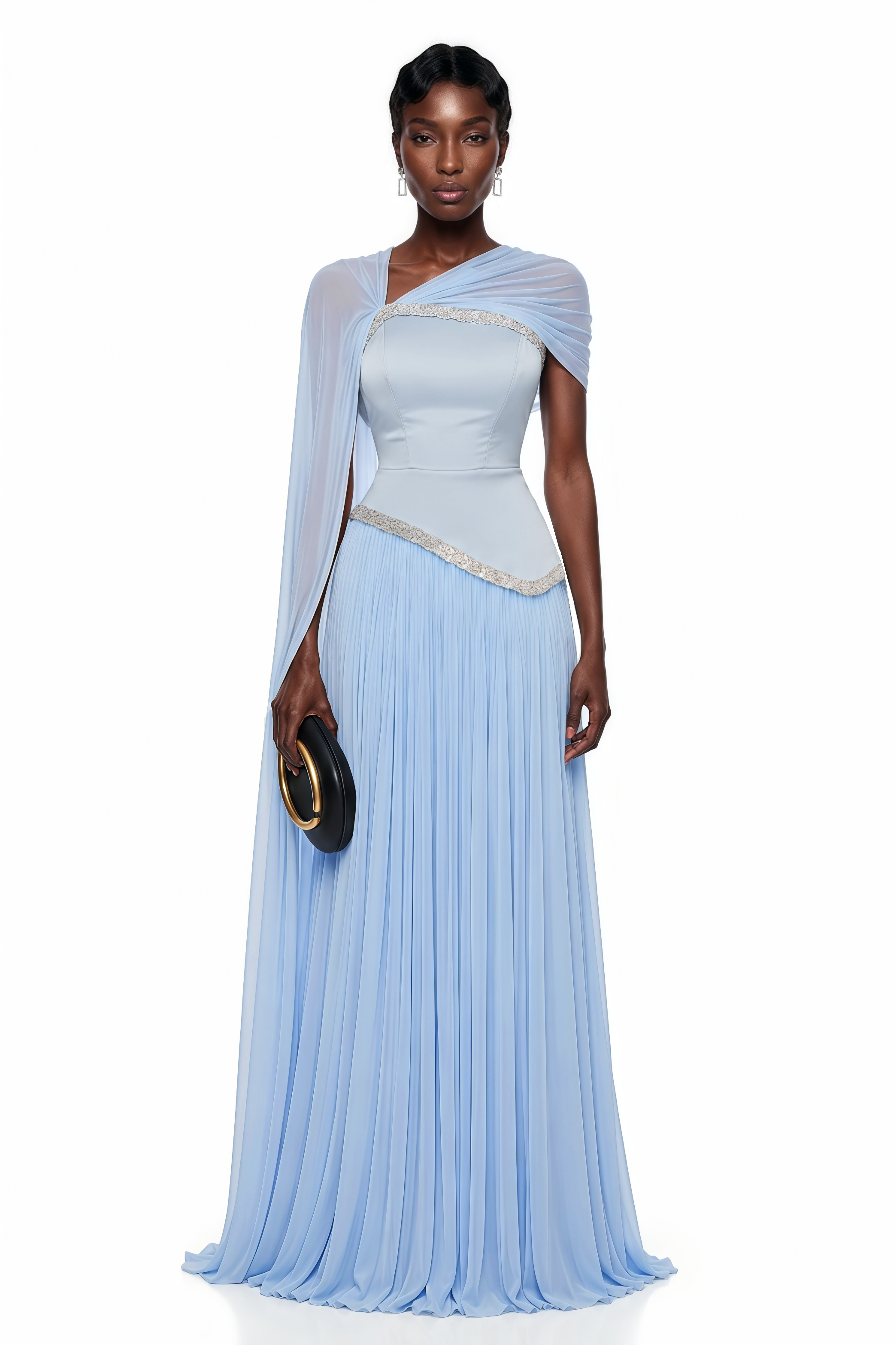 Light blue pleated gown with embellished trim and draped cape