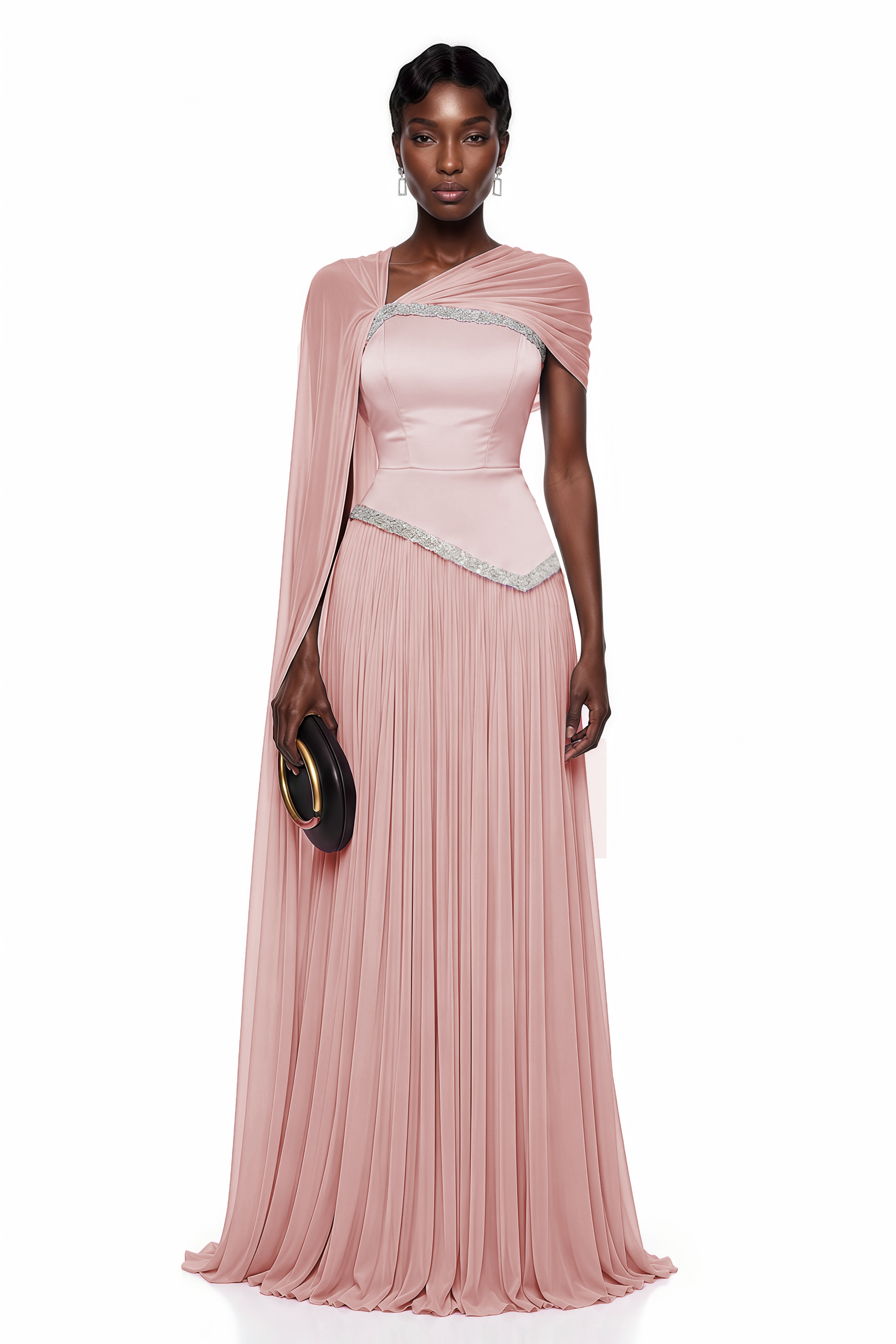 Blush pink pleated gown with embellished trim and draped cape
