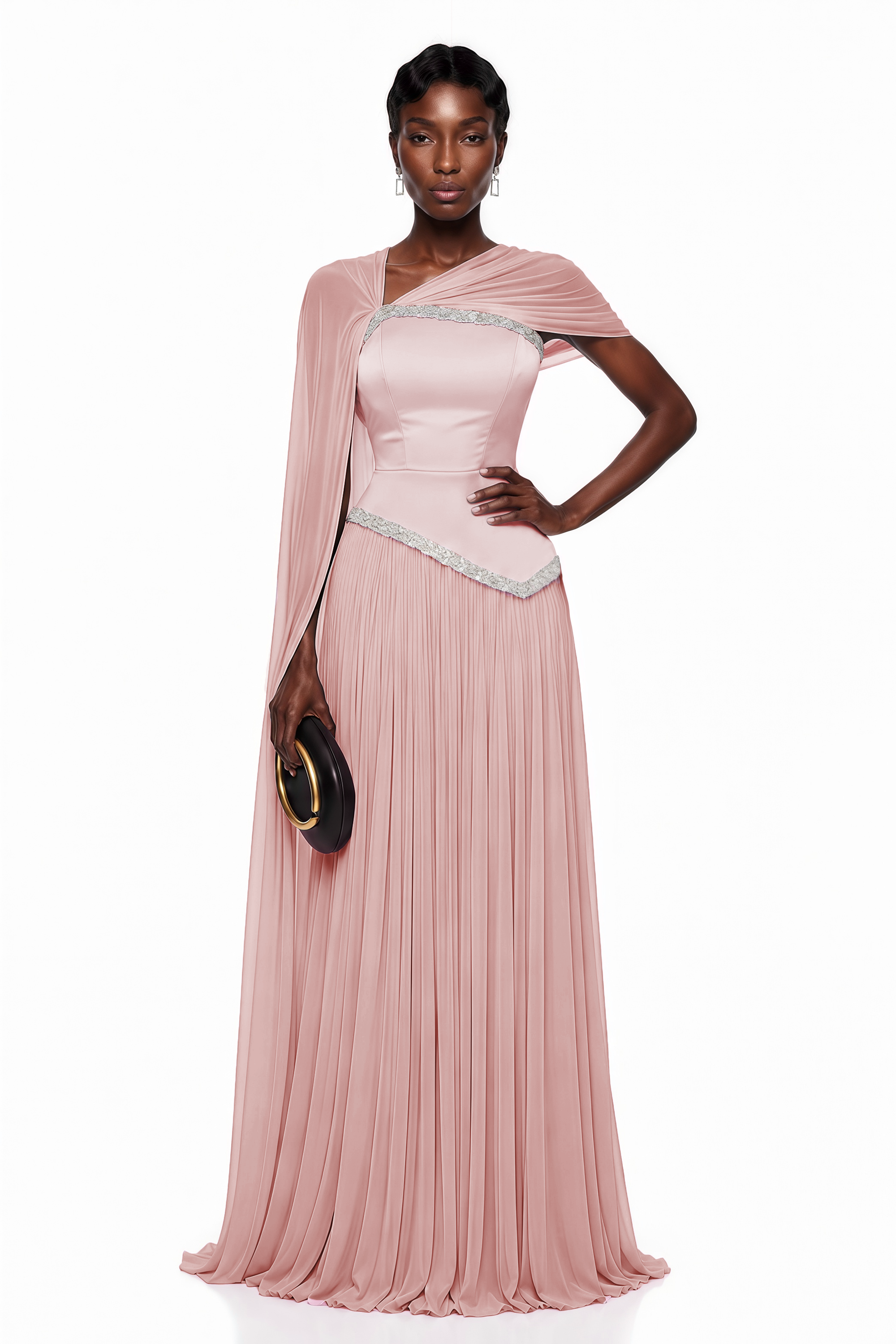 Blush pink pleated gown with embellished trim and draped cape