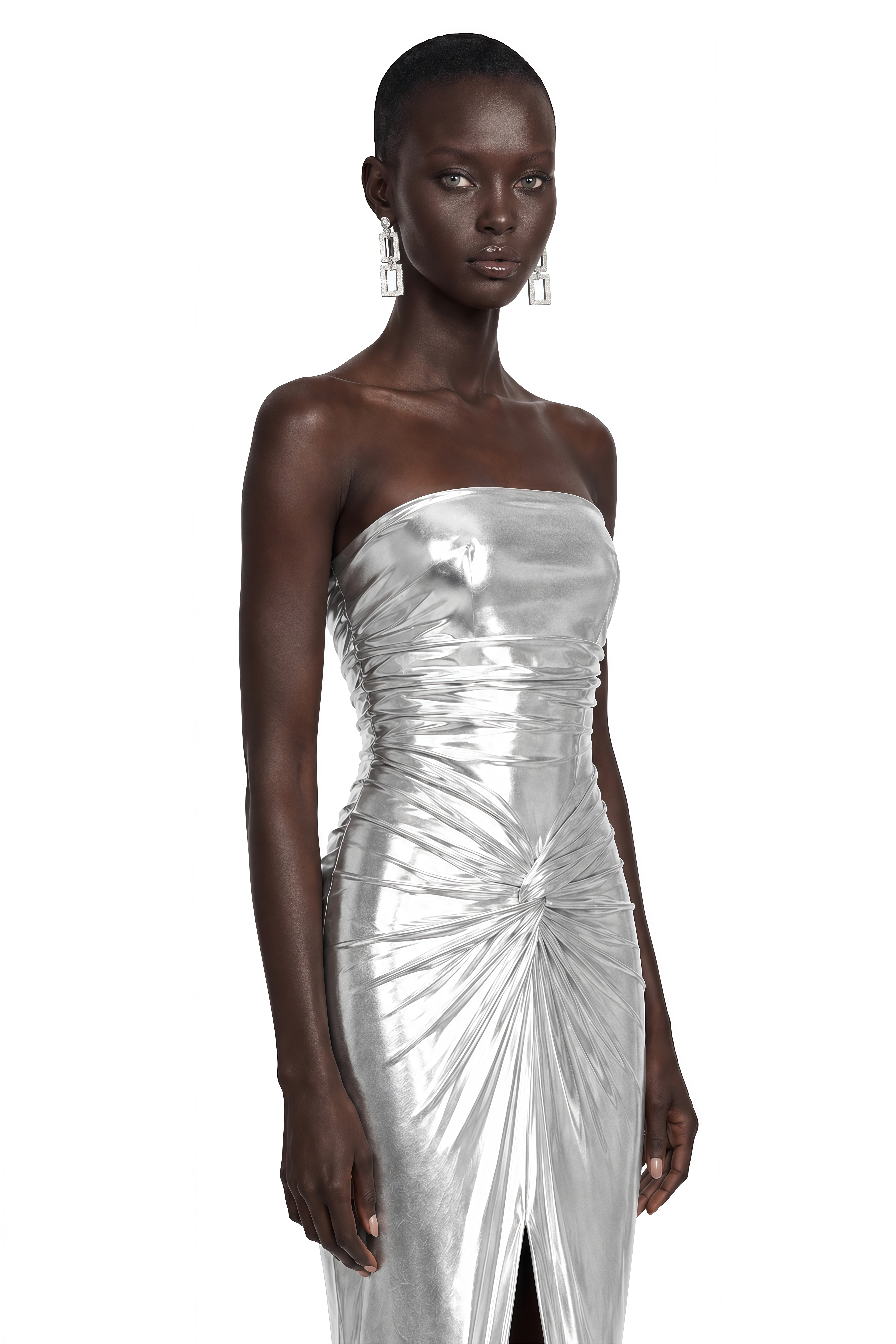 Isabeau Silver Metallic Strapless Ruched Slit Maxi Dress