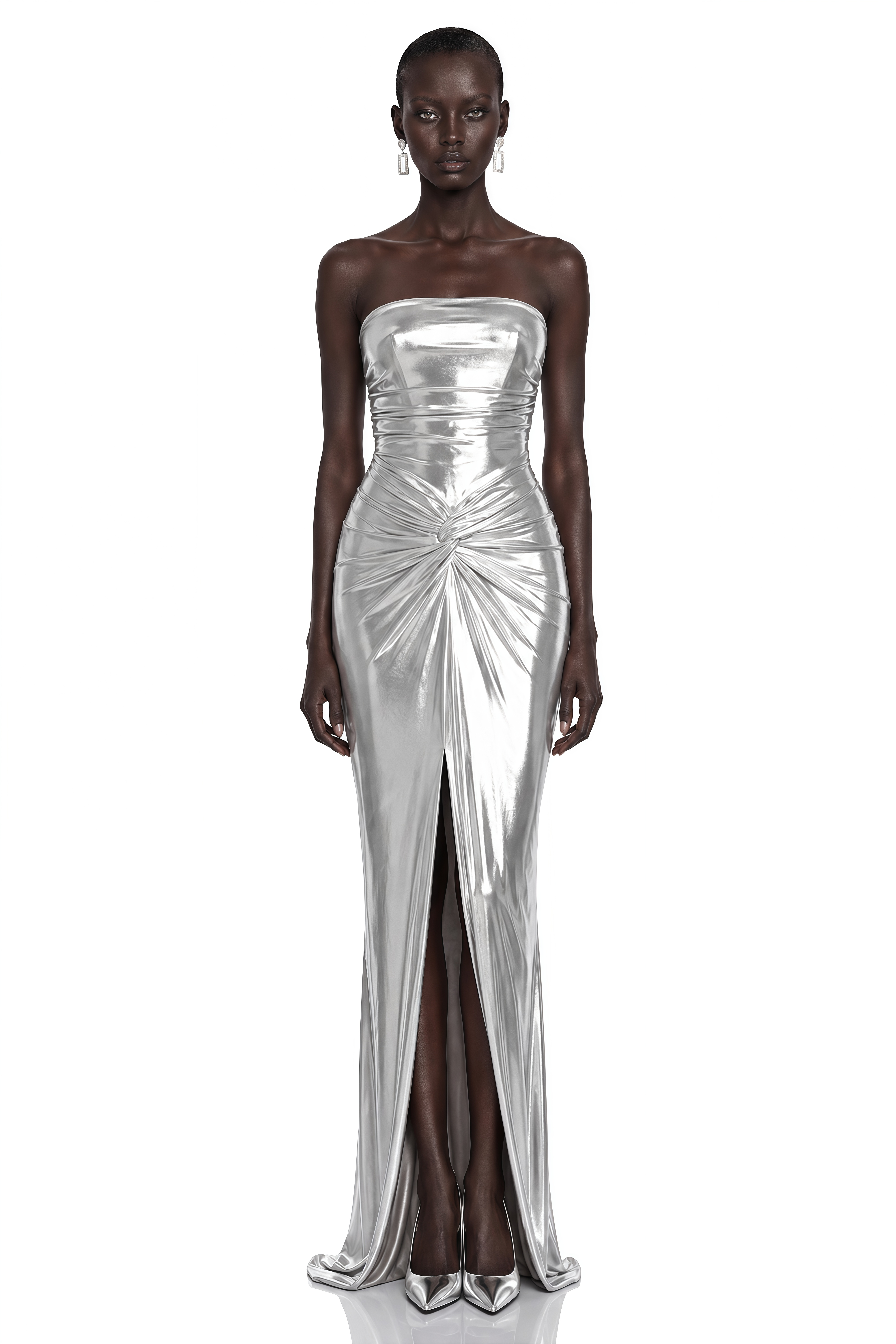 Isabeau Silver Metallic Strapless Ruched Slit Maxi Dress