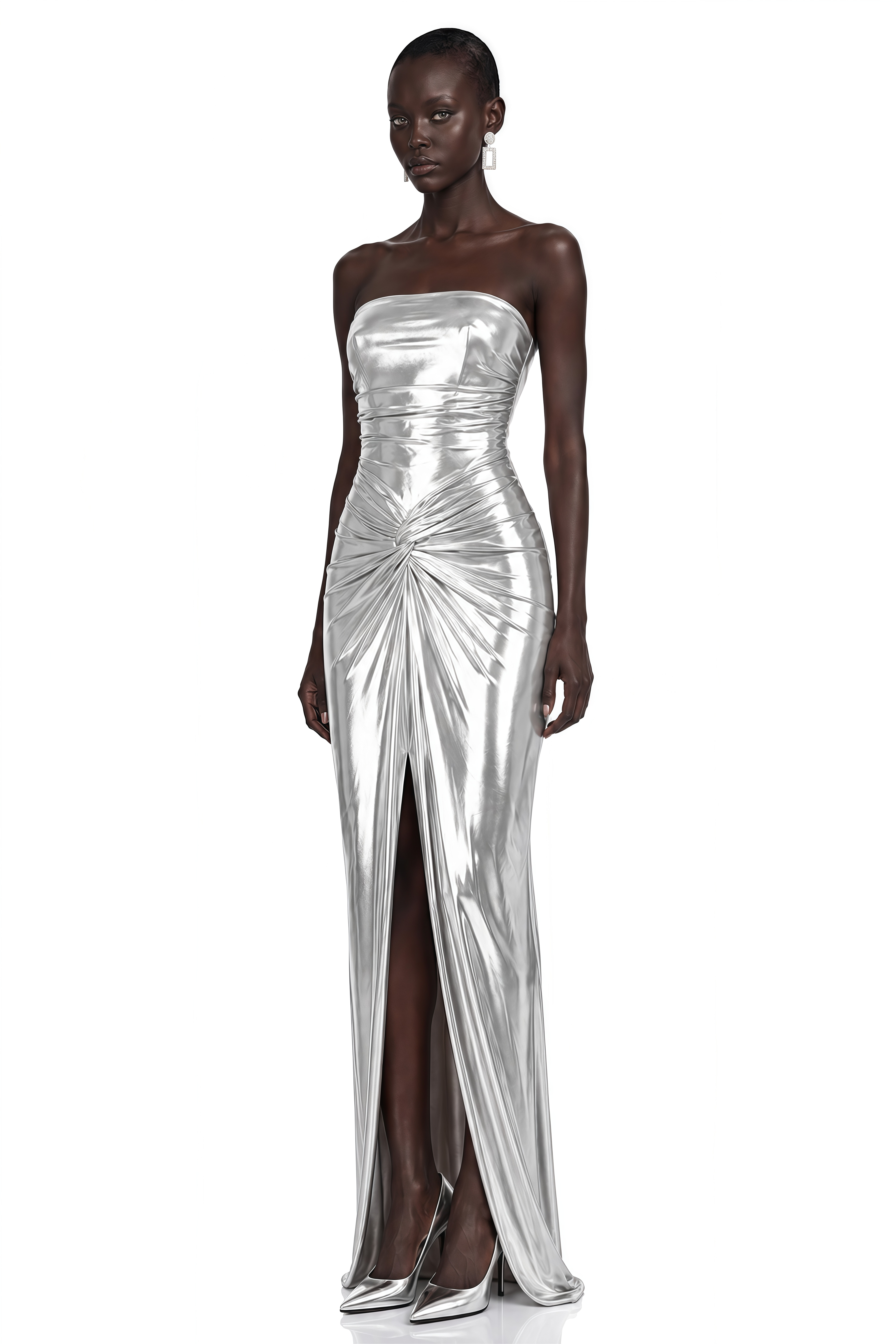 Isabeau Silver Metallic Strapless Ruched Slit Maxi Dress