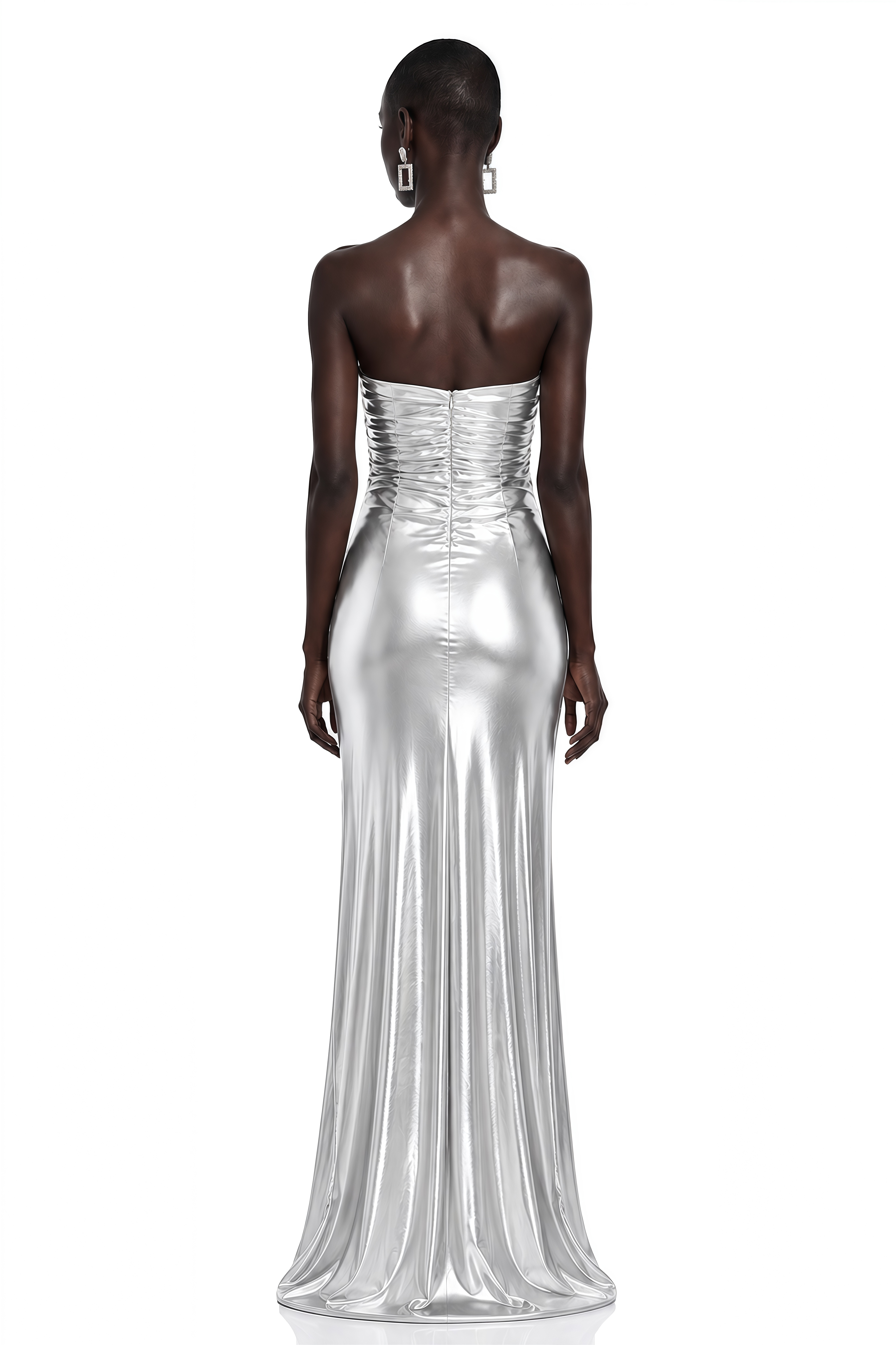 Isabeau Silver Metallic Strapless Ruched Slit Maxi Dress