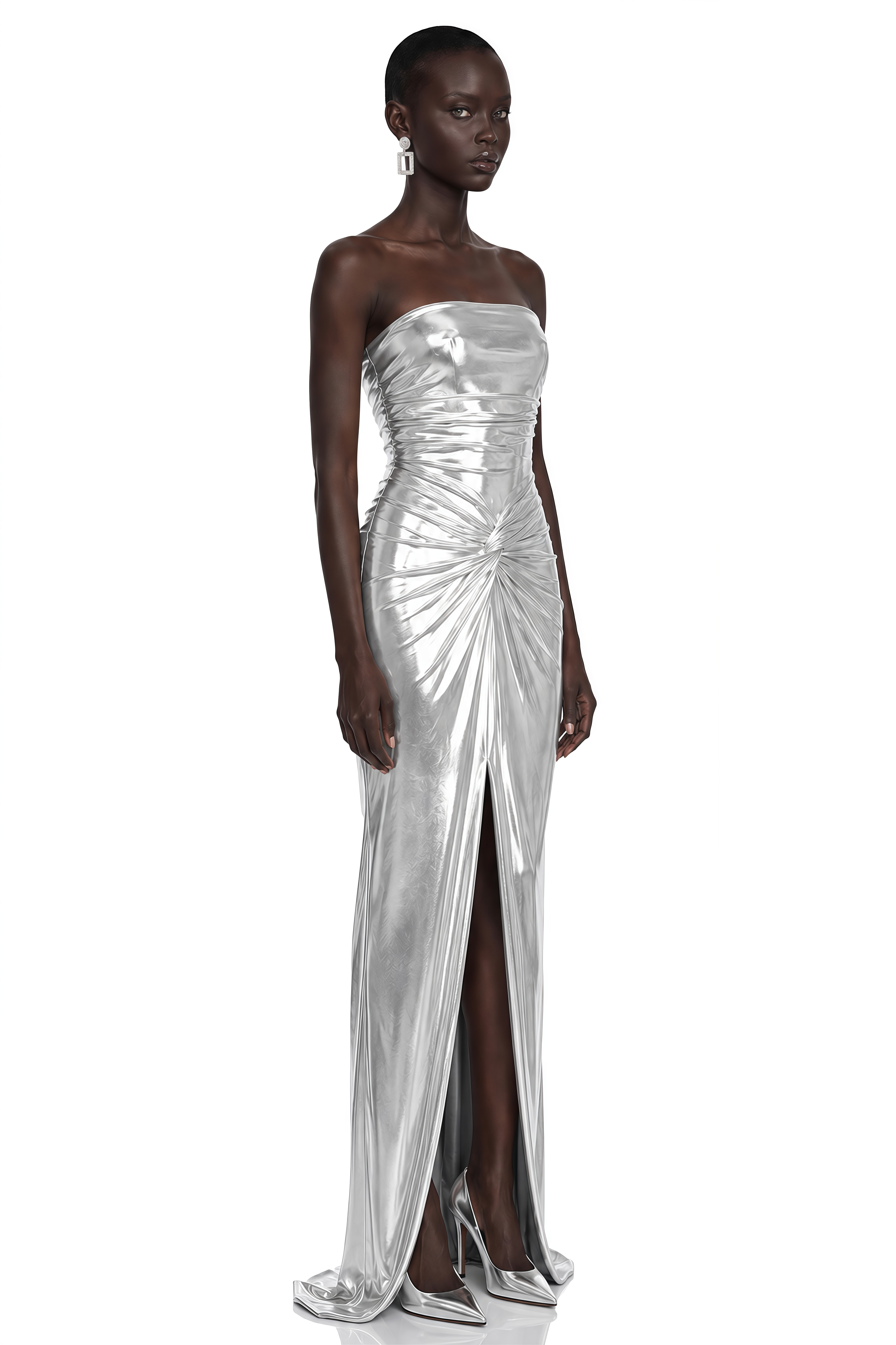 Isabeau Silver Metallic Strapless Ruched Slit Maxi Dress