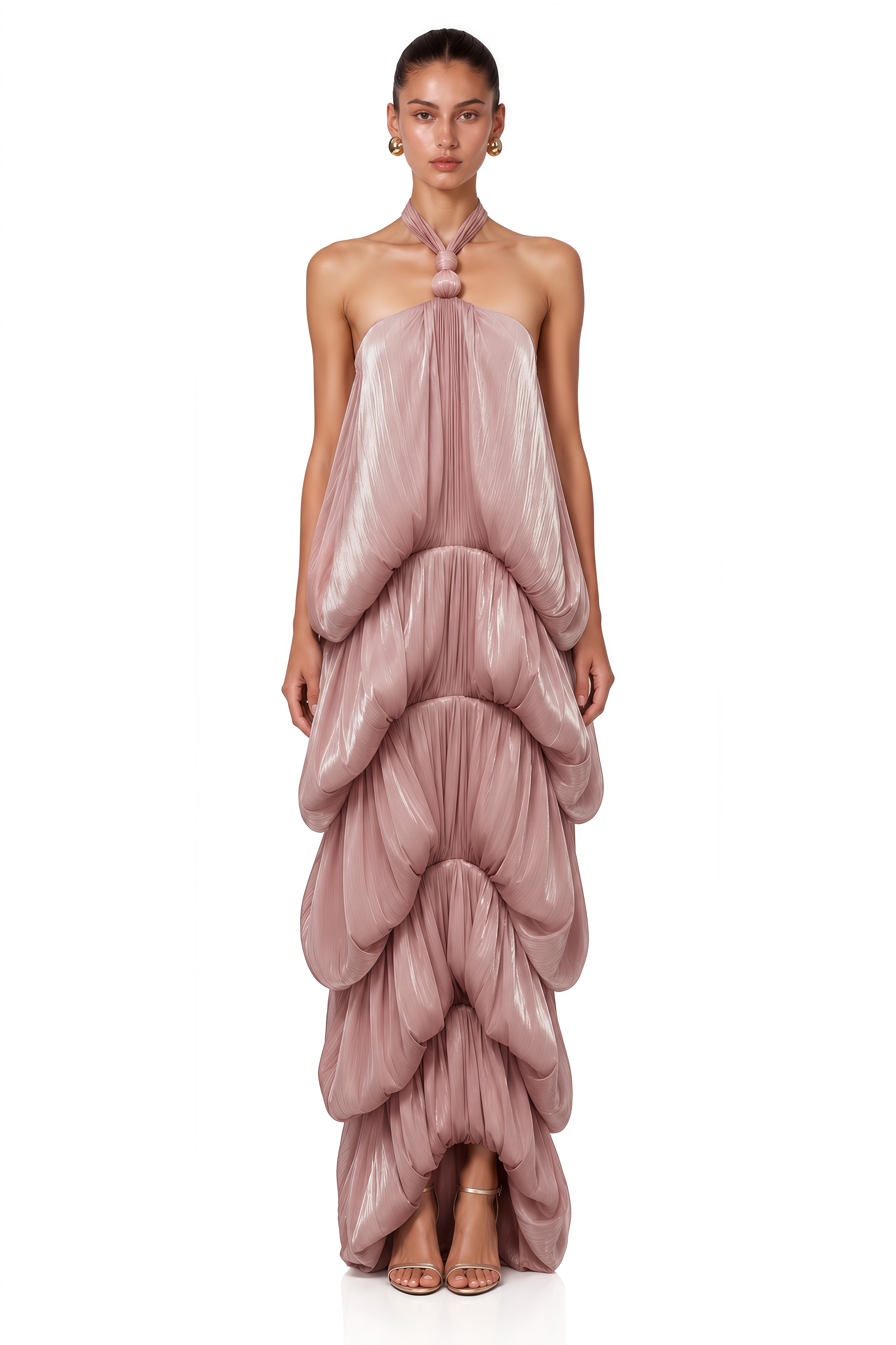 Isabella Blush Pink Sculptural Draped Halterneck Maxi Dress