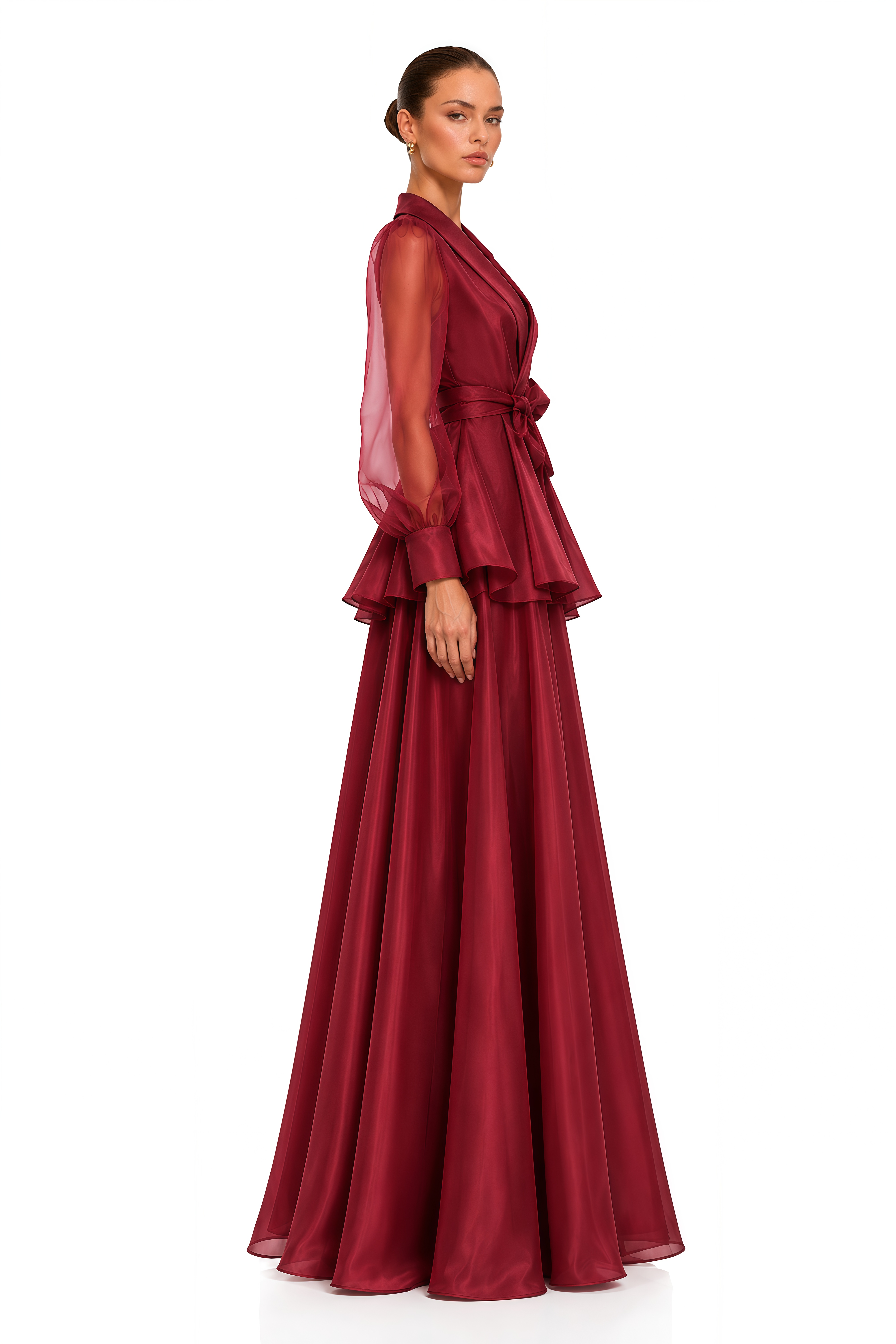 Isabella Burgundy Satin Lapel Peplum Blouse & Maxi Dress Set