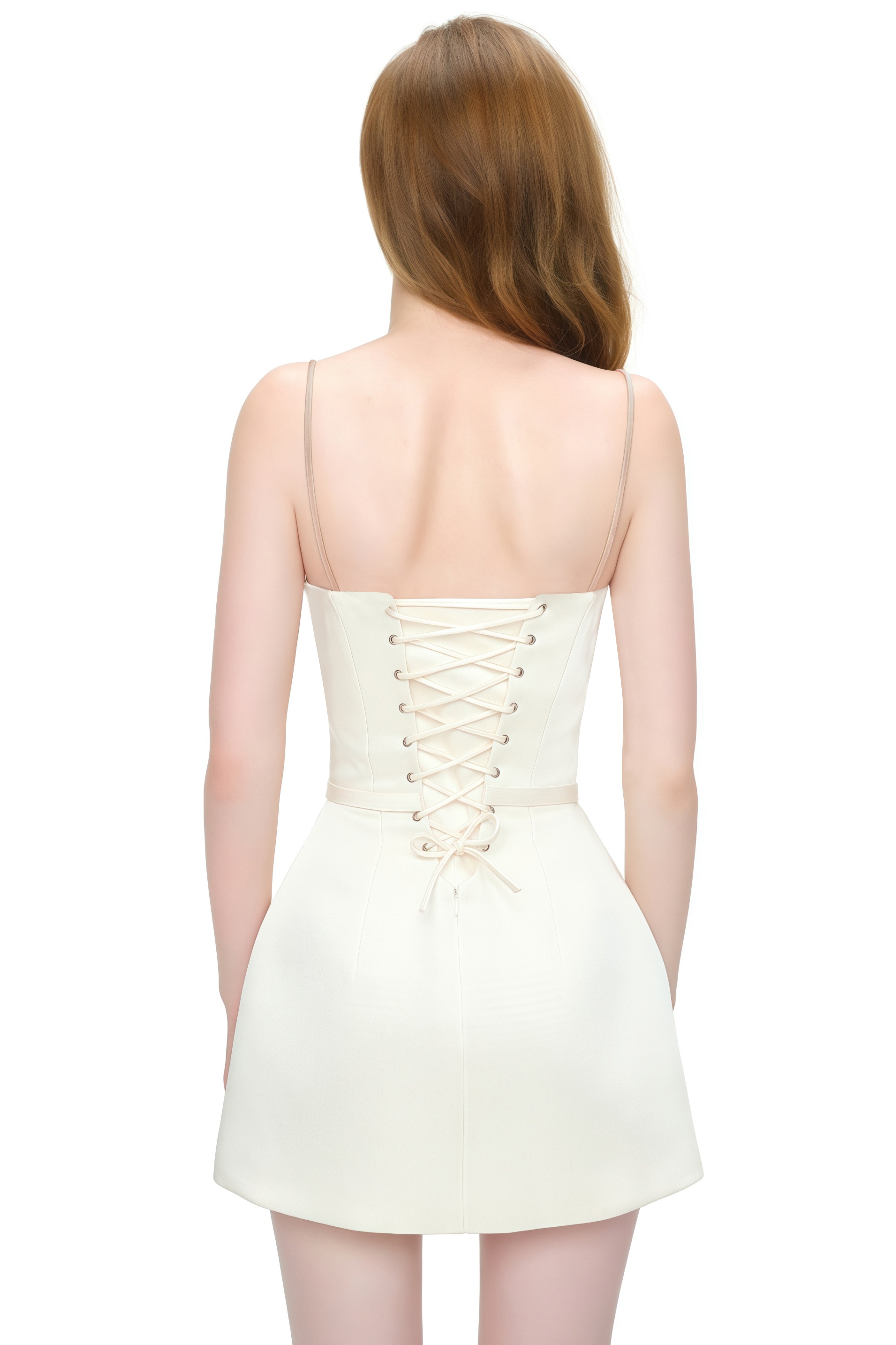 Ivory White Spaghetti Strap Mini Dress with Sweetheart Neckline and Bow Waist Detail