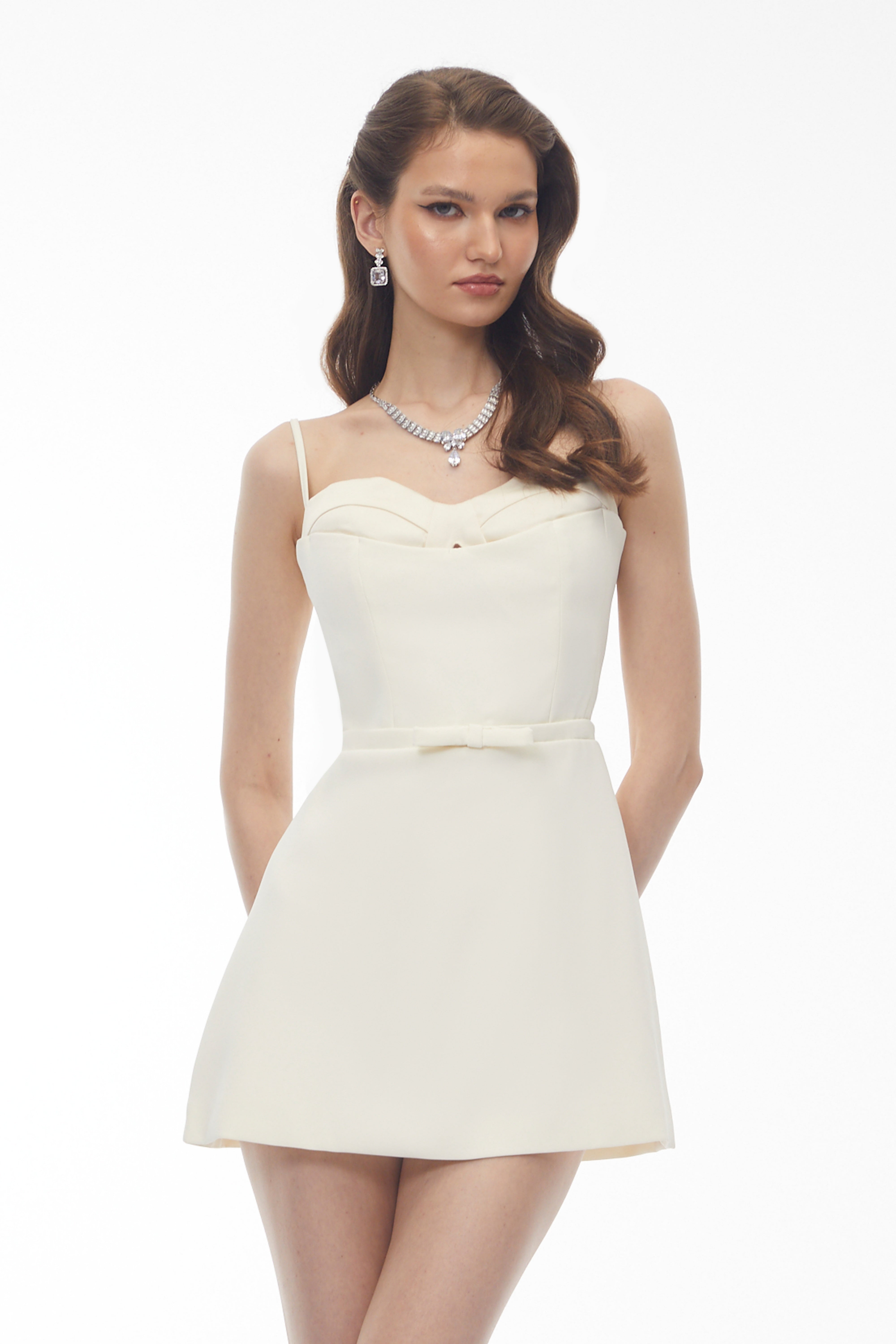 Ivory White Spaghetti Strap Mini Dress with Sweetheart Neckline and Bow Waist Detail