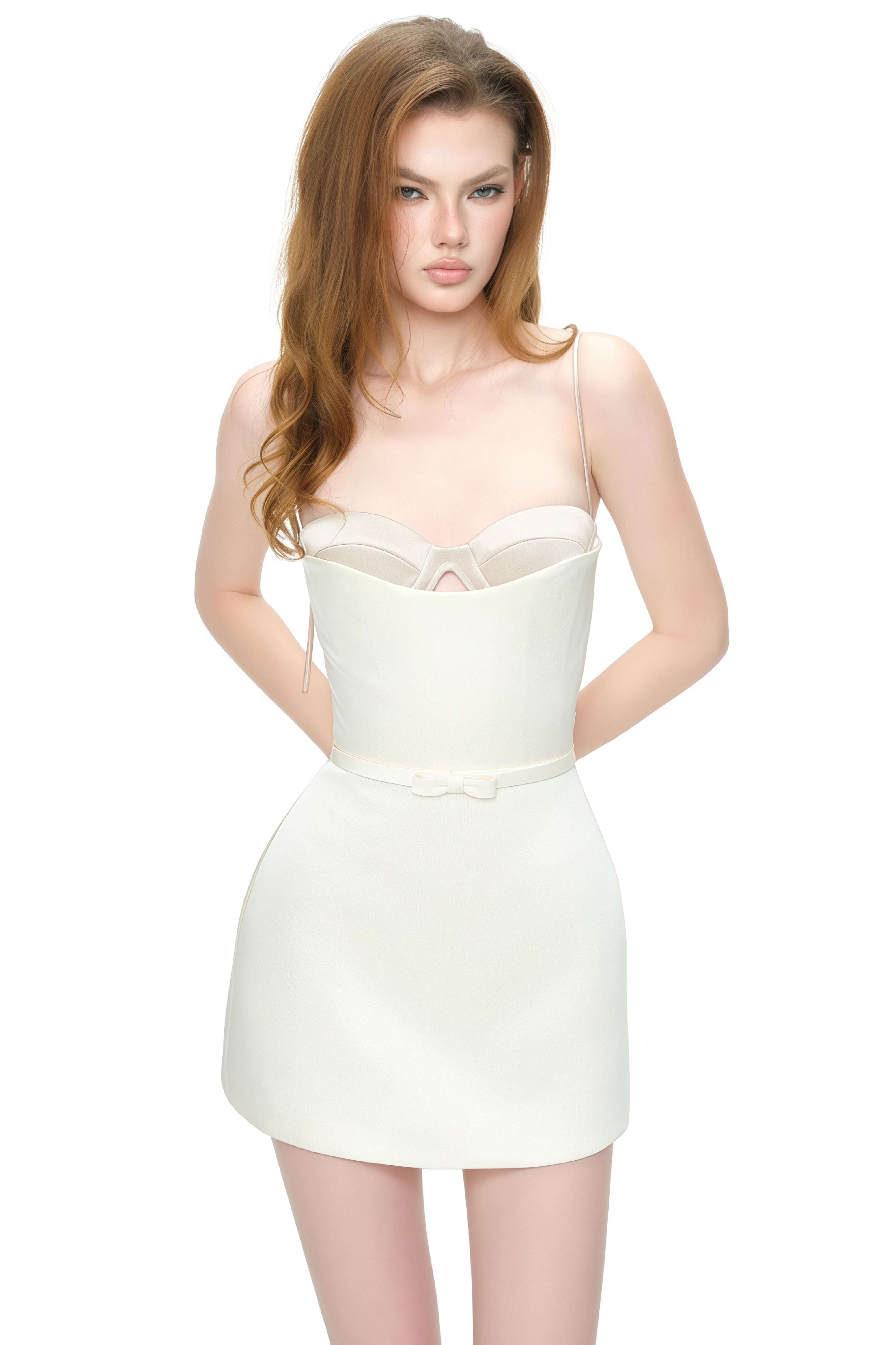 Ivory White Spaghetti Strap Mini Dress with Sweetheart Neckline and Bow Waist Detail
