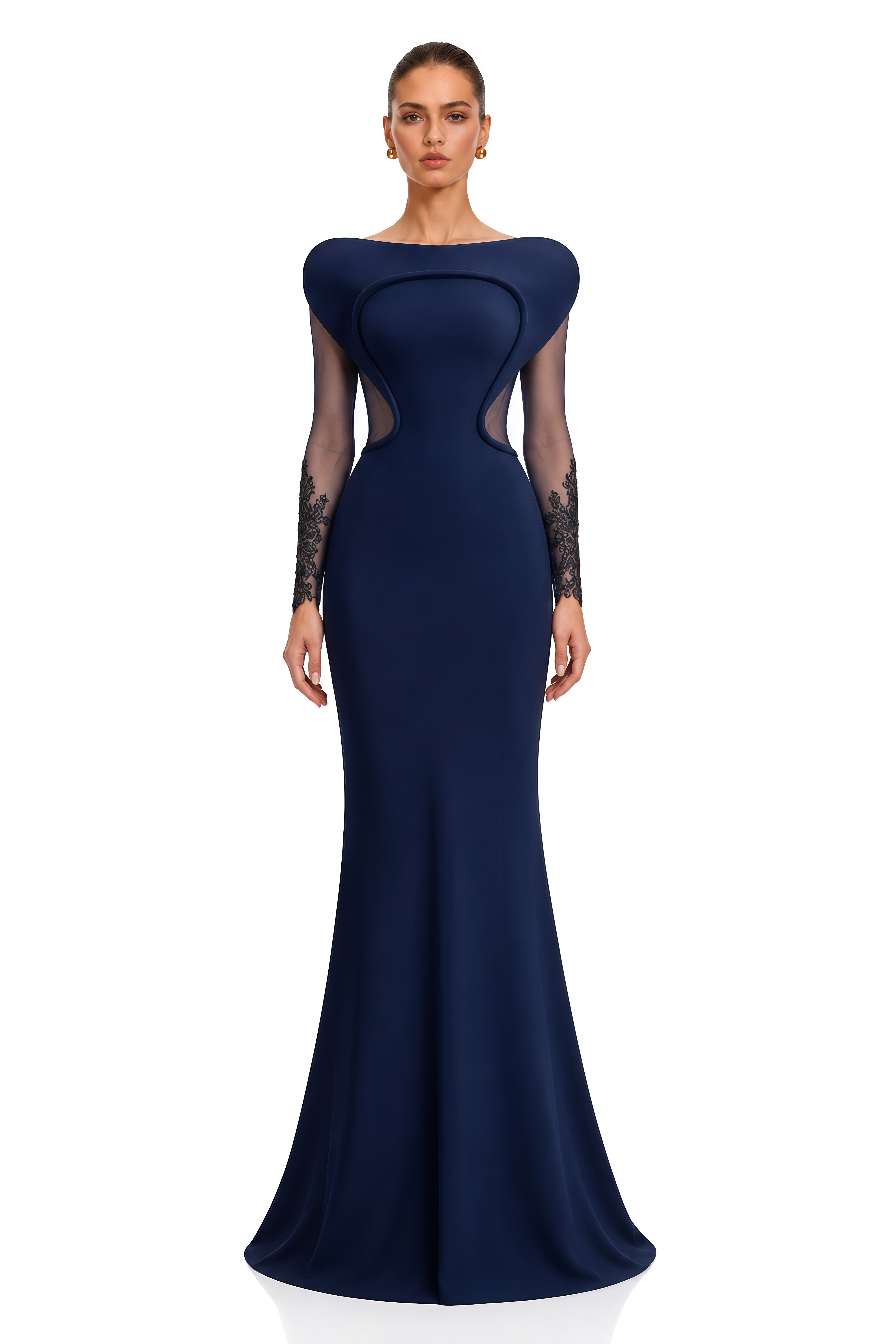 Isadora Navy Blue Sculpted Neck Lace Sleeve Maxi Dress