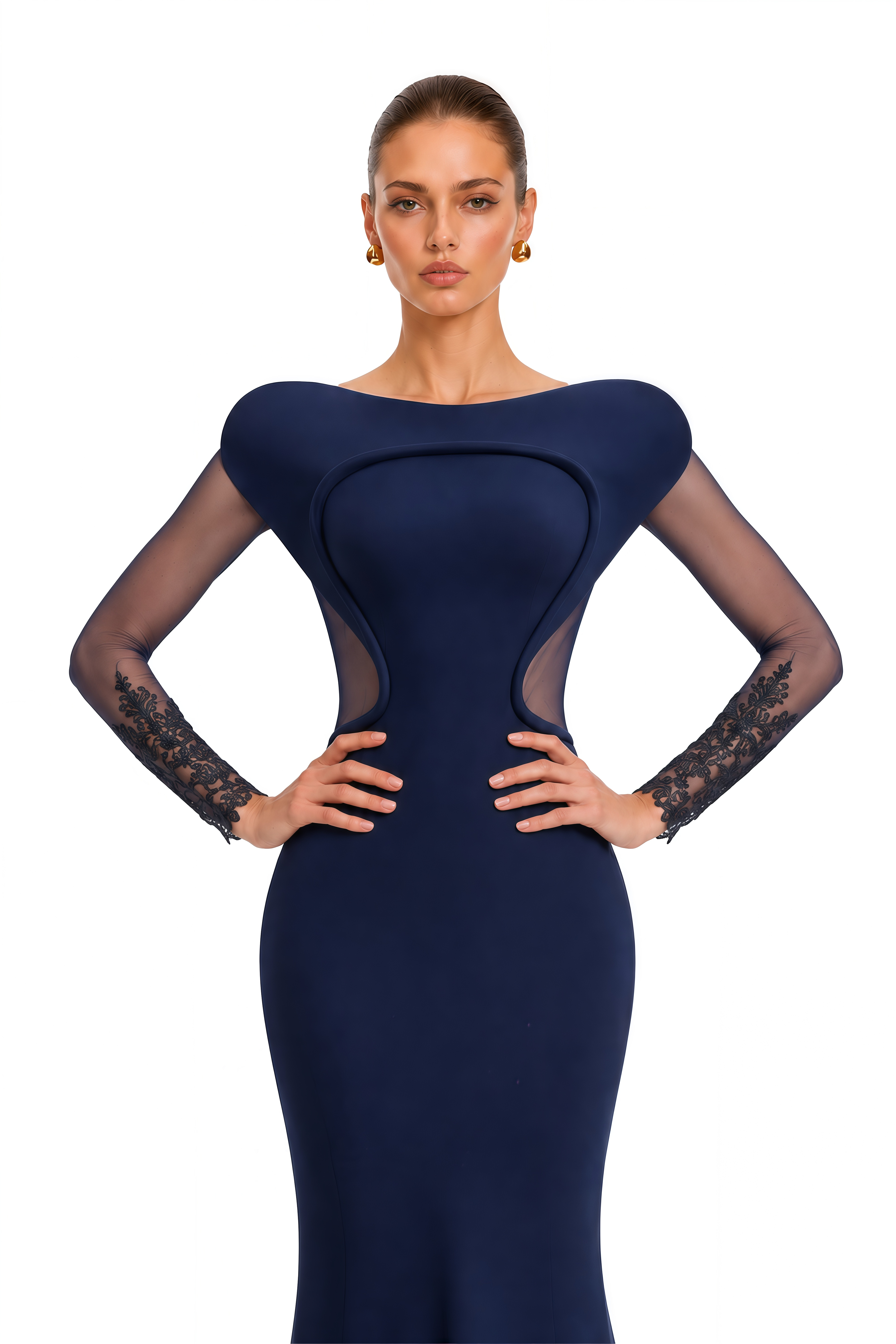 Isadora Navy Blue Sculpted Neck Lace Sleeve Maxi Dress