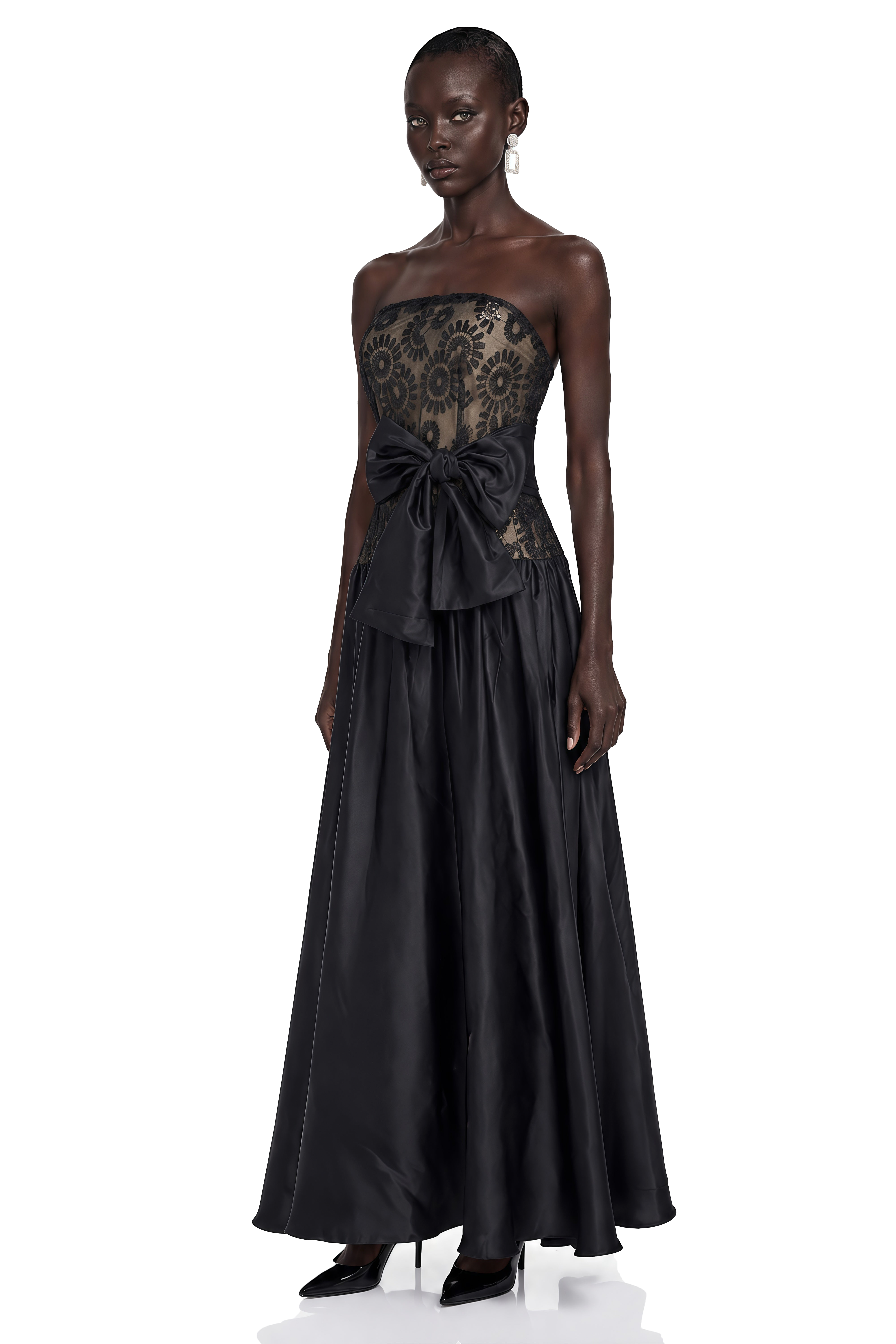 Isadora Black Geometric Print Off Shoulder Maxi Dress with Bow