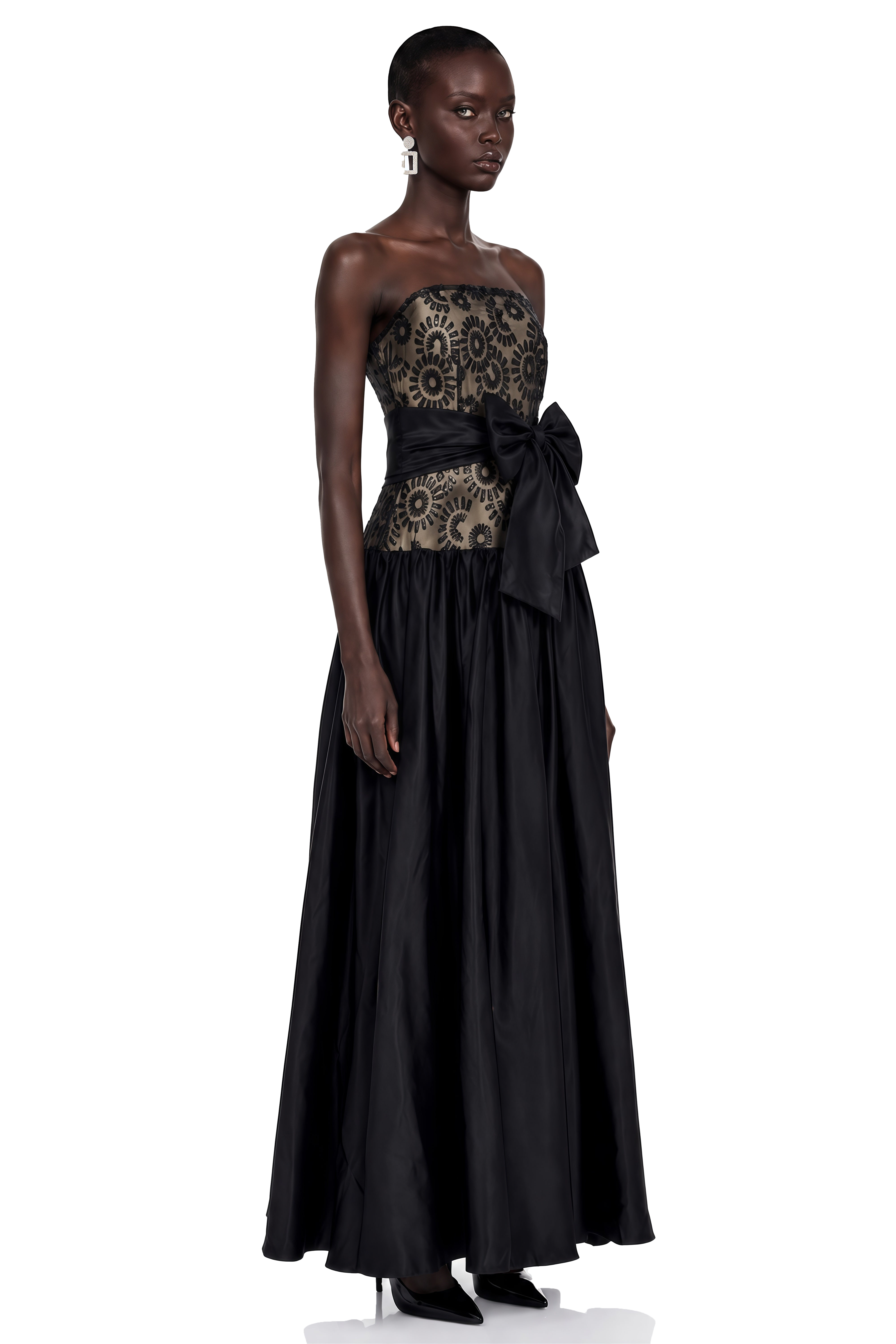 Isadora Black Geometric Print Off Shoulder Maxi Dress with Bow
