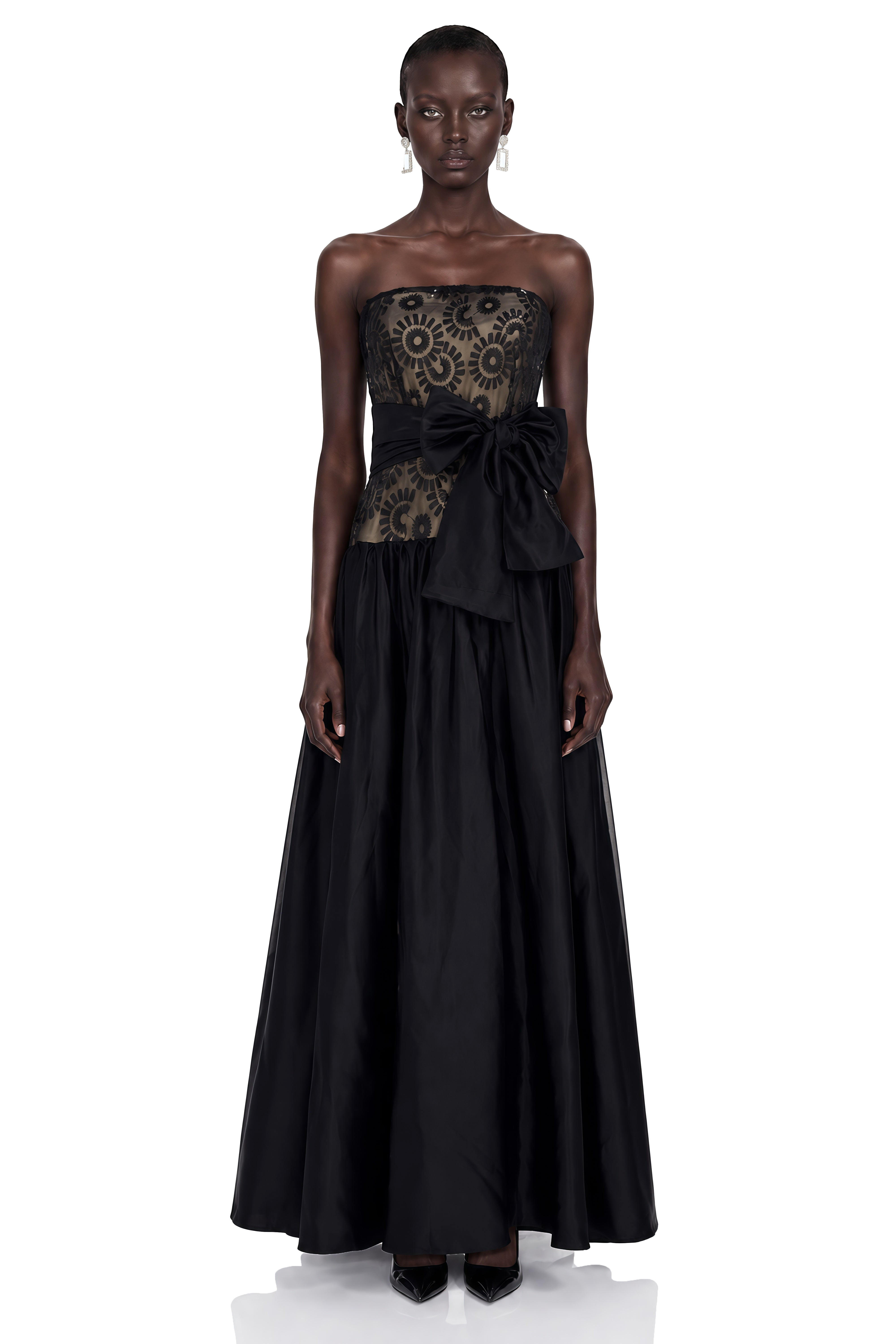 Isadora Black Geometric Print Off Shoulder Maxi Dress with Bow