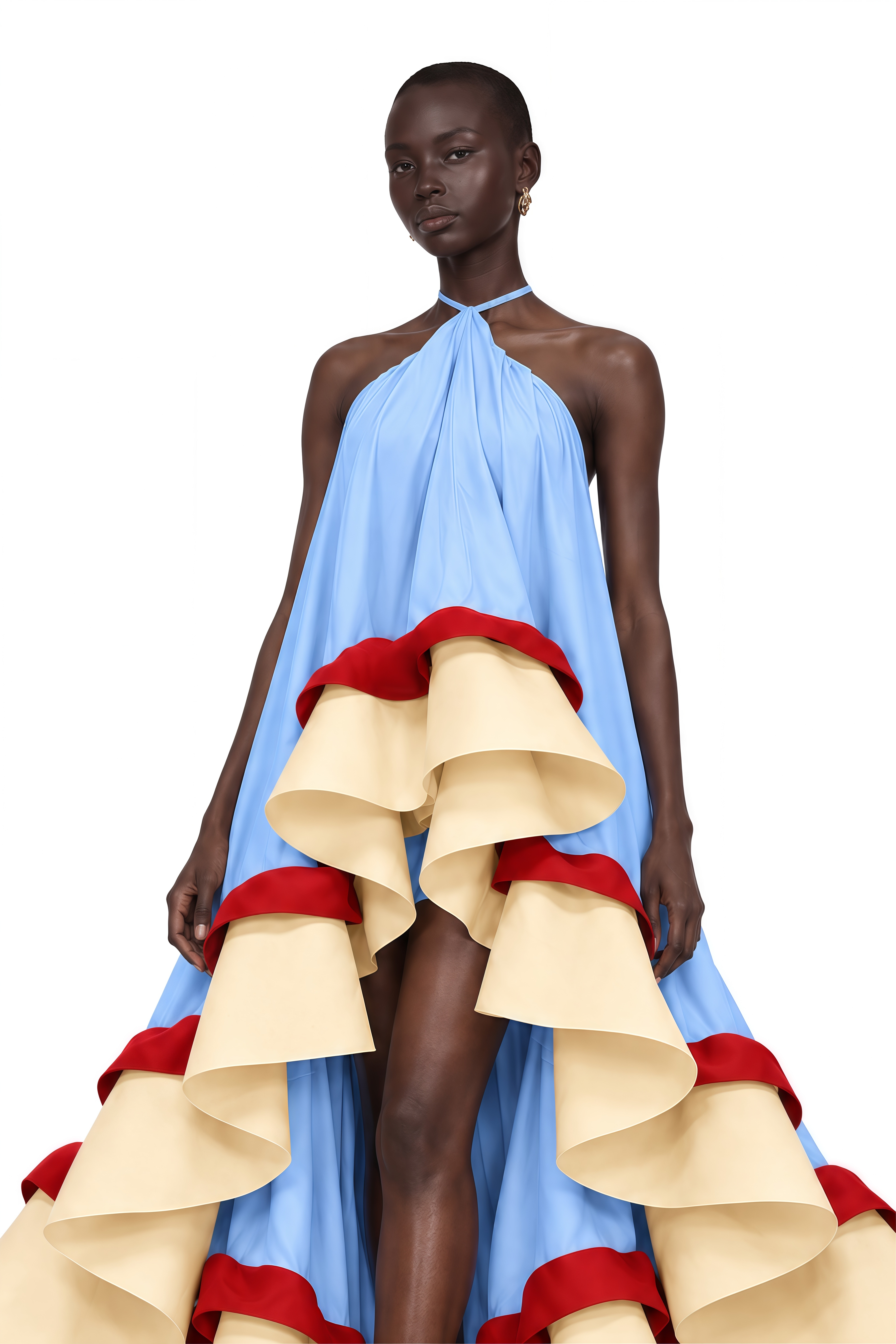 Isaline Light Blue Color Block Tiered Ruffle Maxi Dress