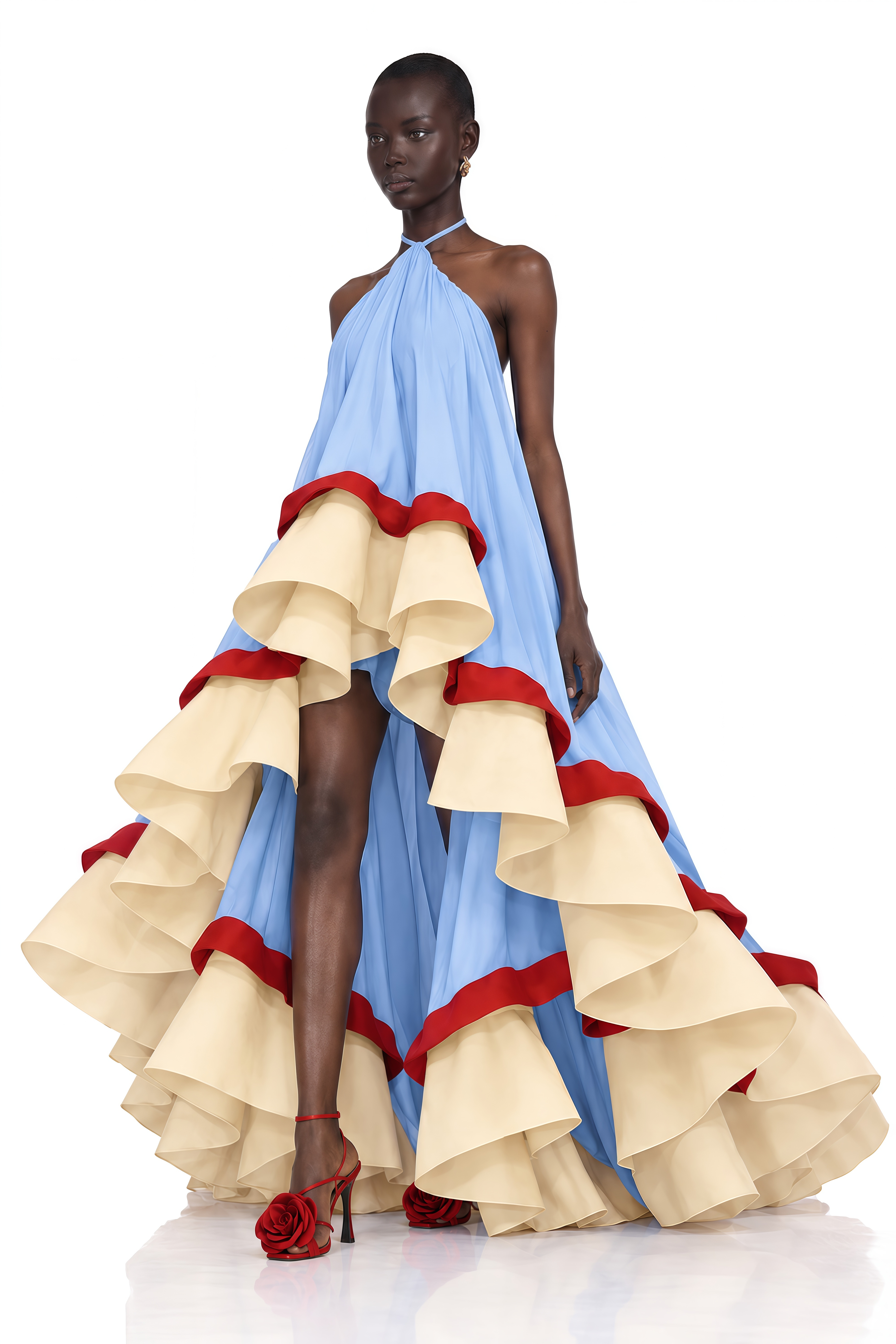 Isaline Light Blue Color Block Tiered Ruffle Maxi Dress