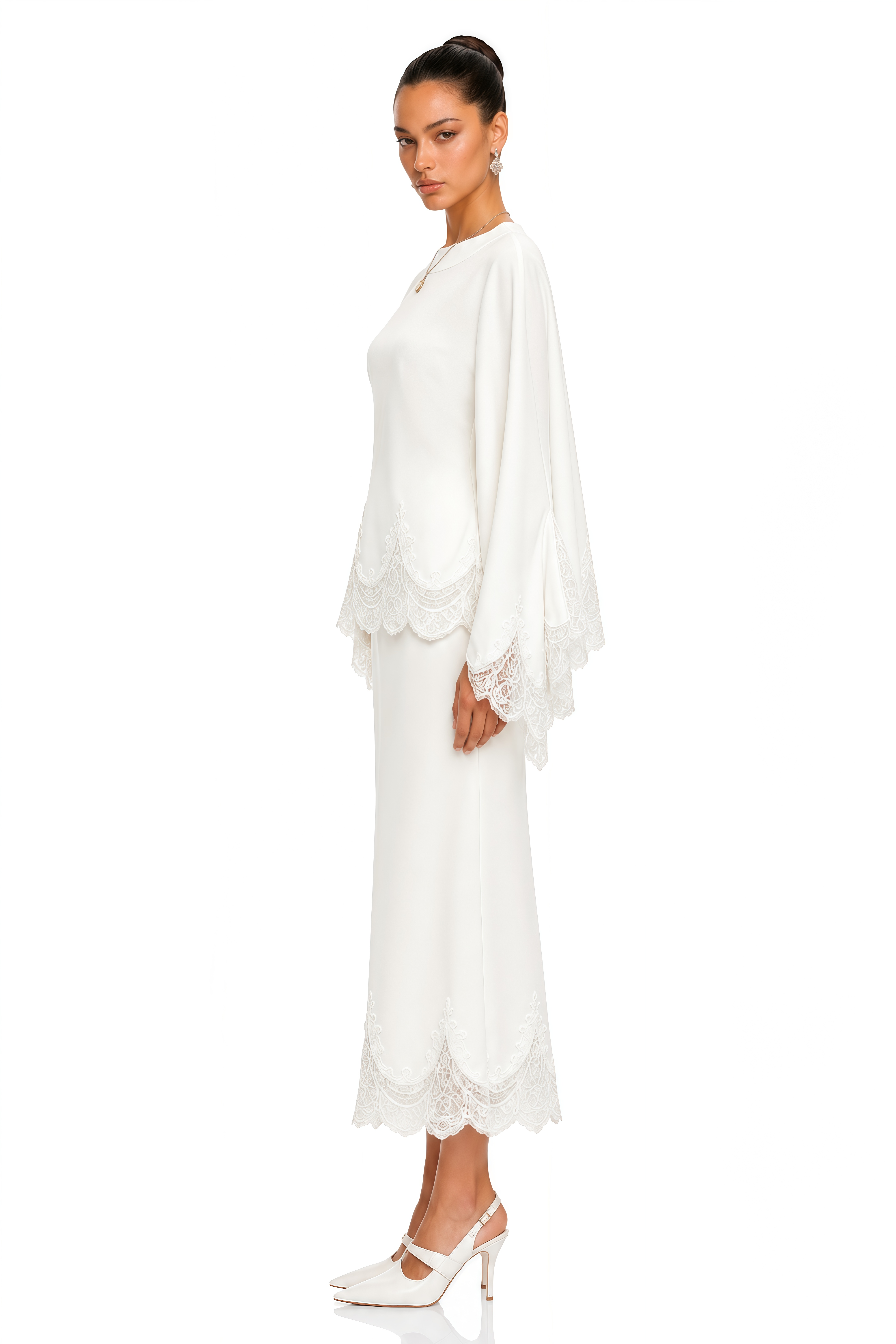 Isioma White Scalloped Long Sleeve Blouse & Midi Skirt Set