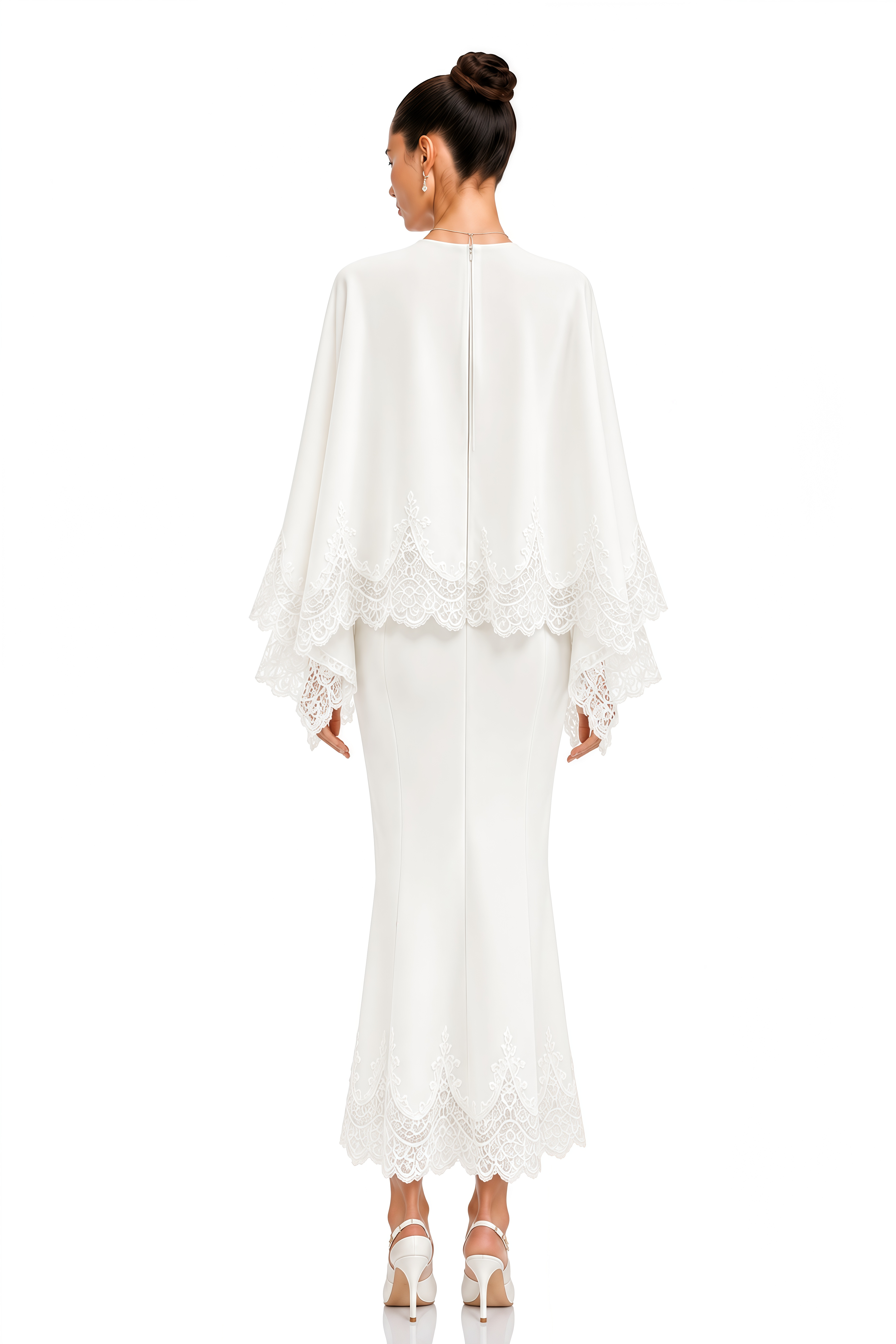 Isioma White Scalloped Long Sleeve Blouse & Midi Skirt Set