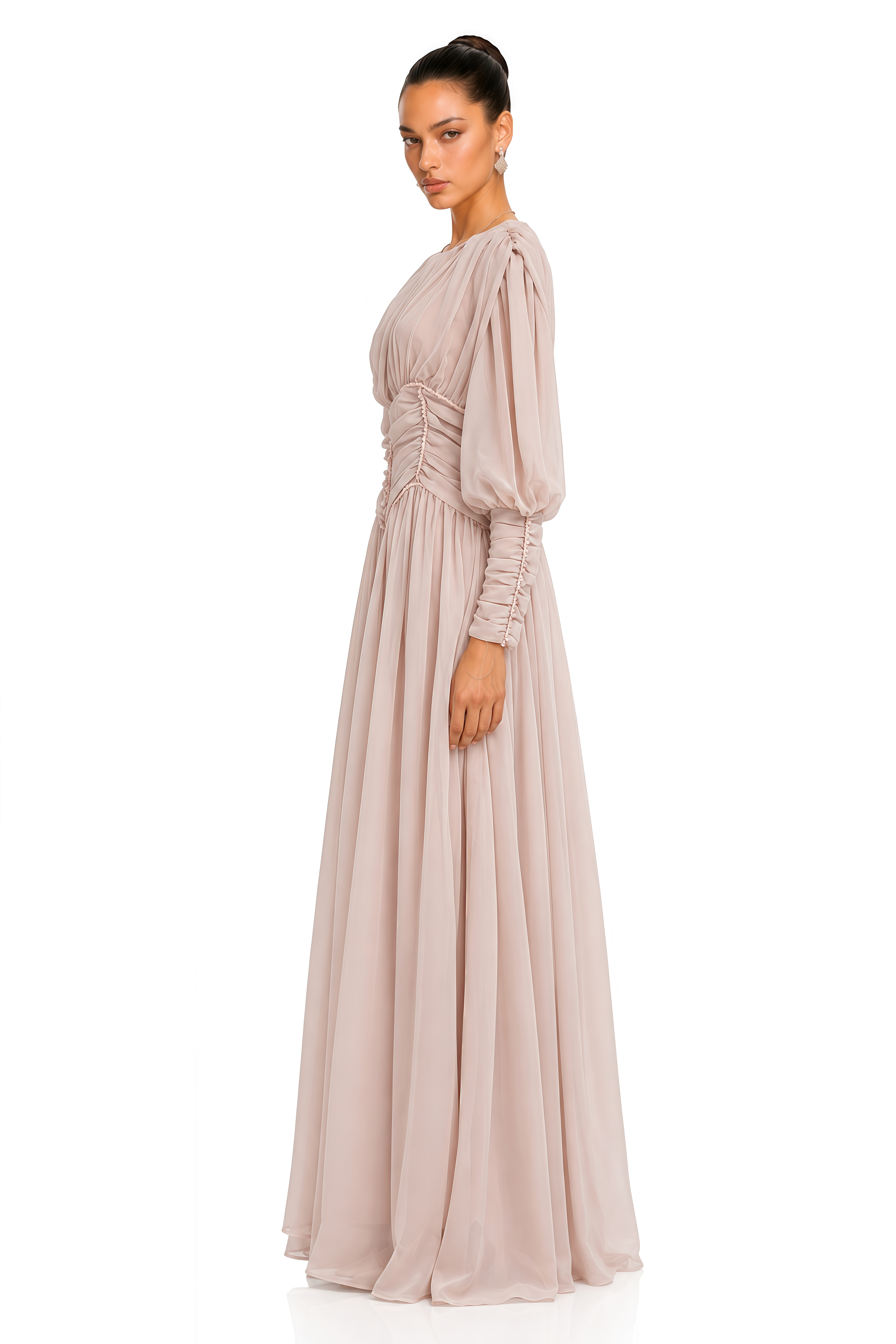 Isla Pink Ruched Waist Long Sleeve Maxi Dress