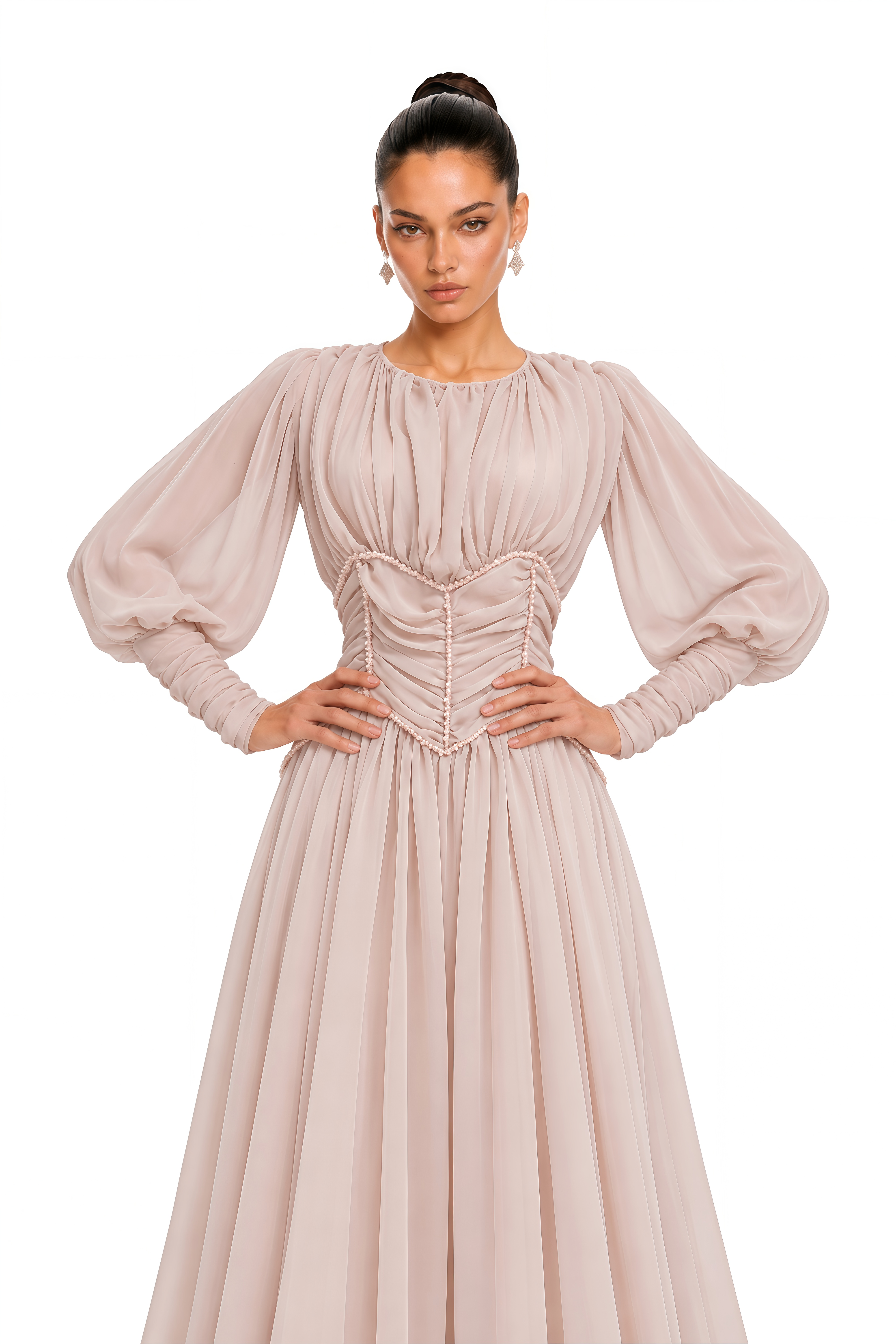 Isla Pink Ruched Waist Long Sleeve Maxi Dress