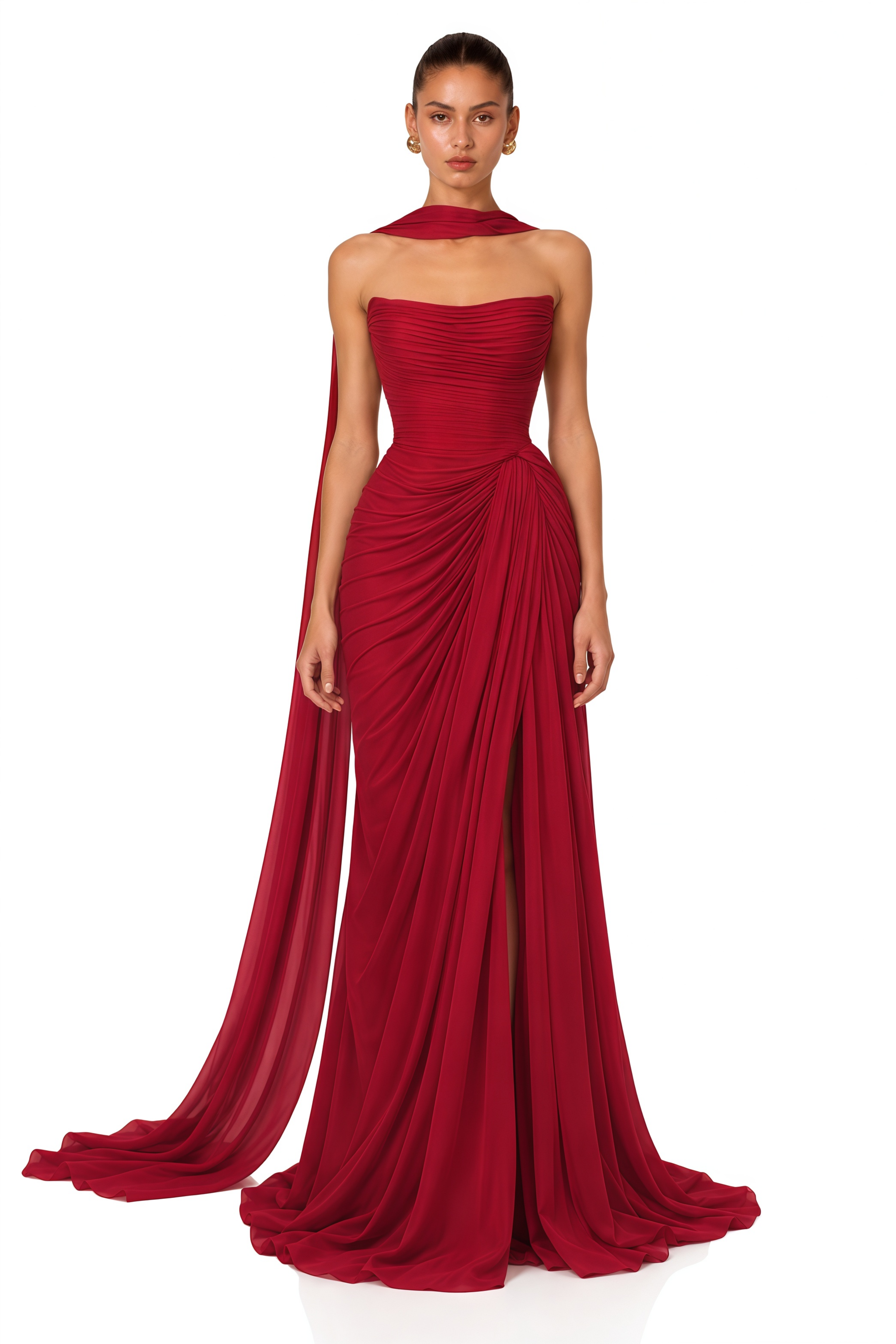 Ismene Red Ruched Strapless Maxi Dress with Scarf