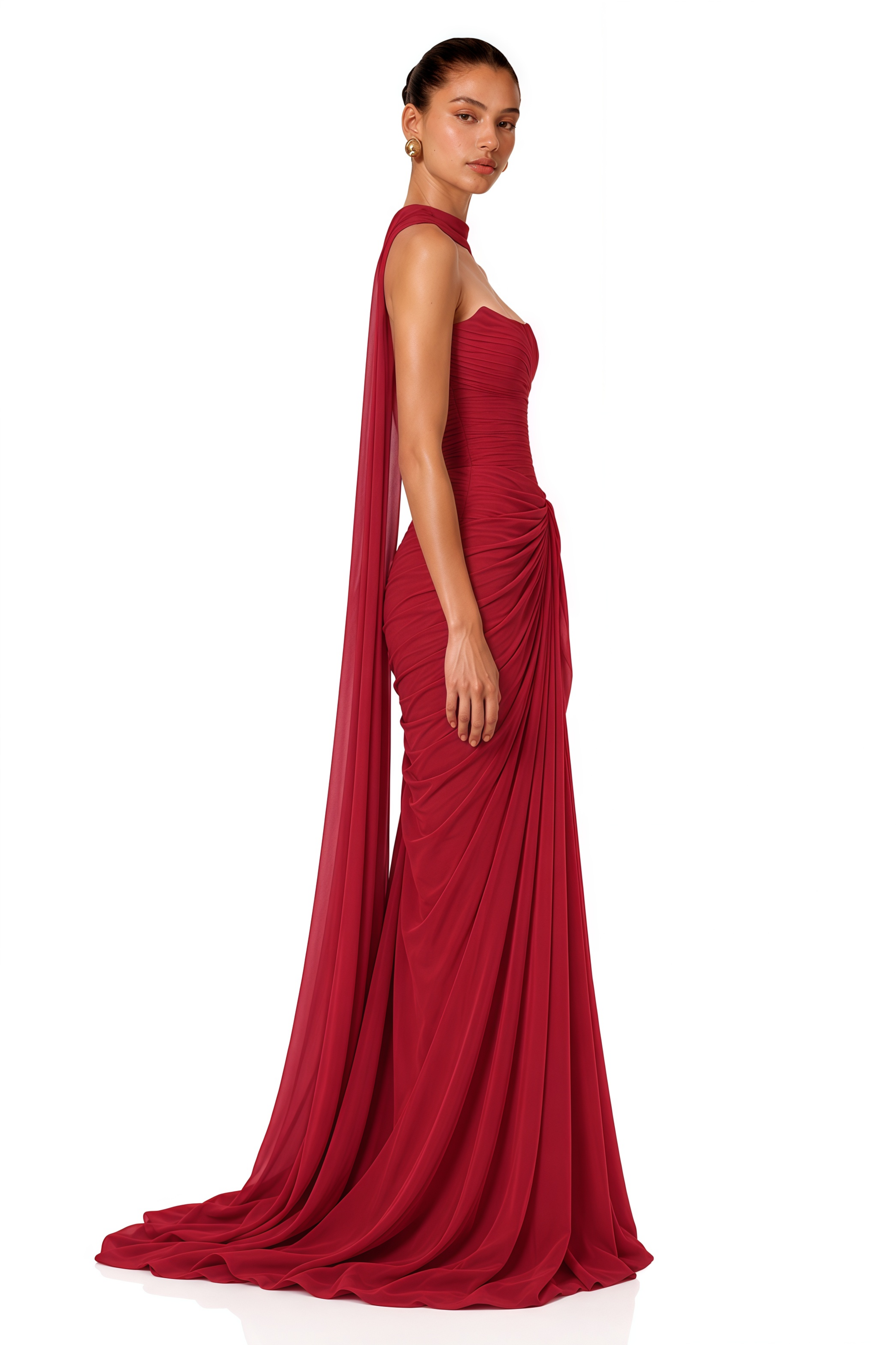 Ismene Red Ruched Strapless Maxi Dress with Scarf