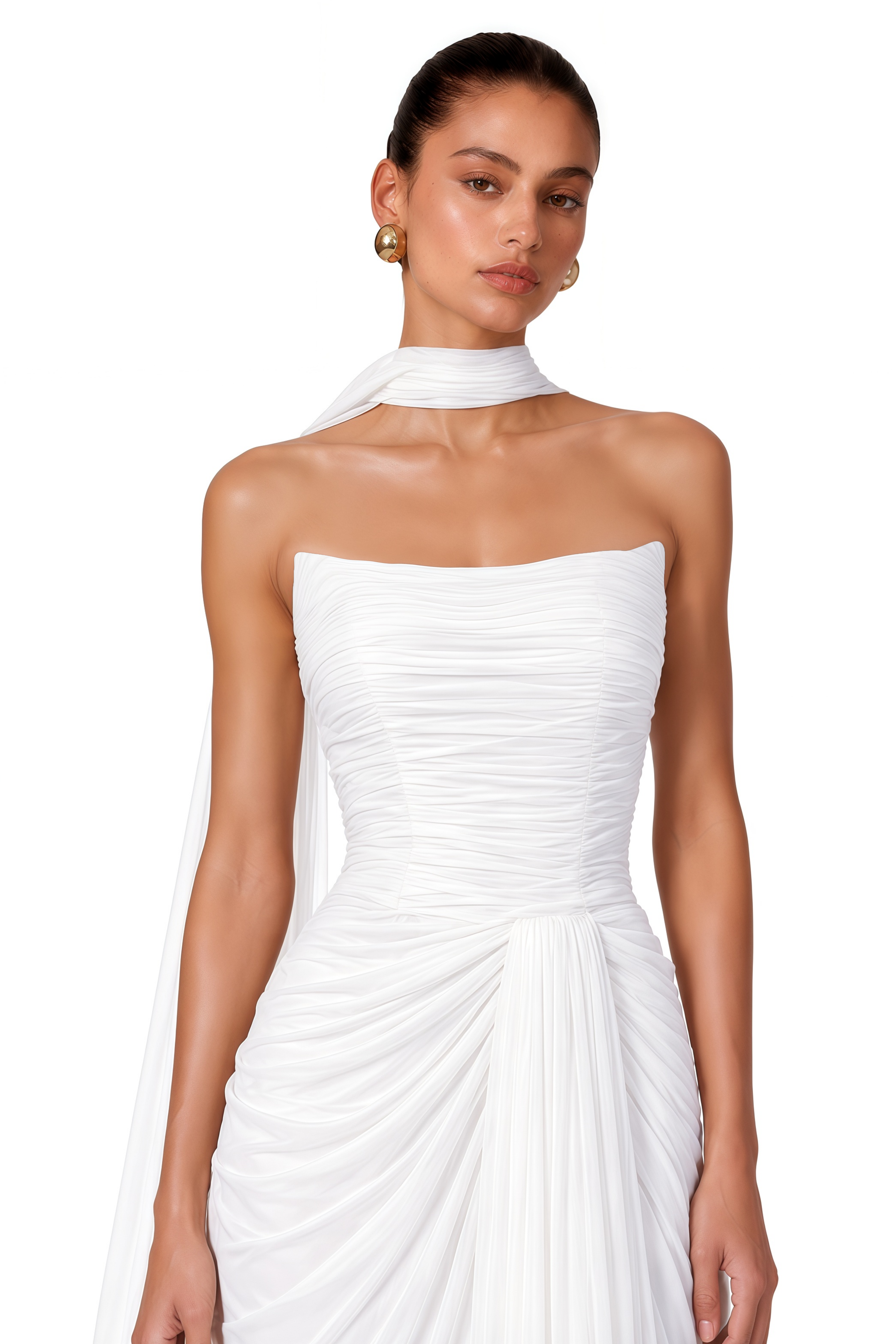 Ismene White Ruched Strapless Maxi Dress with Scarf