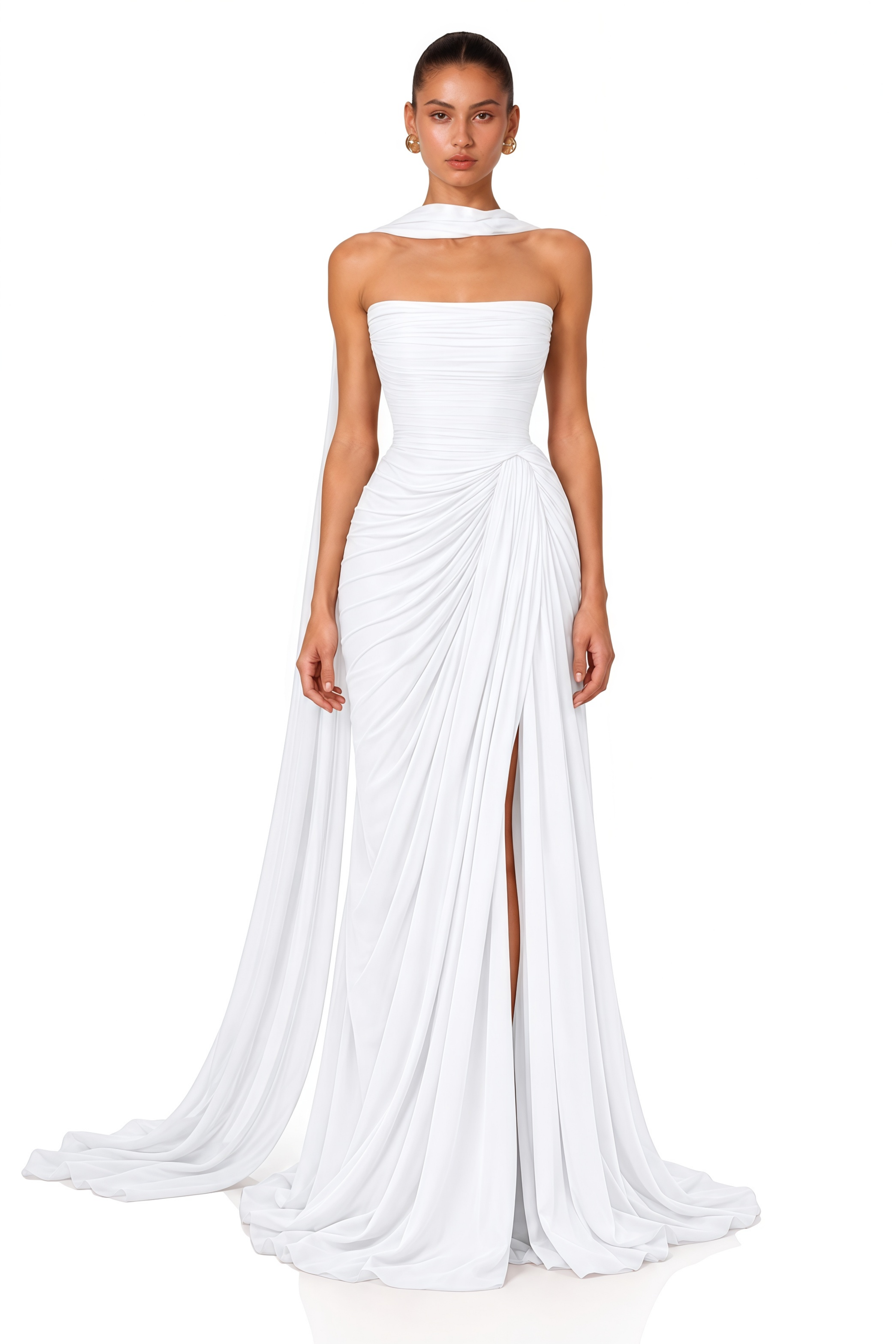 Ismene White Ruched Strapless Maxi Dress with Scarf