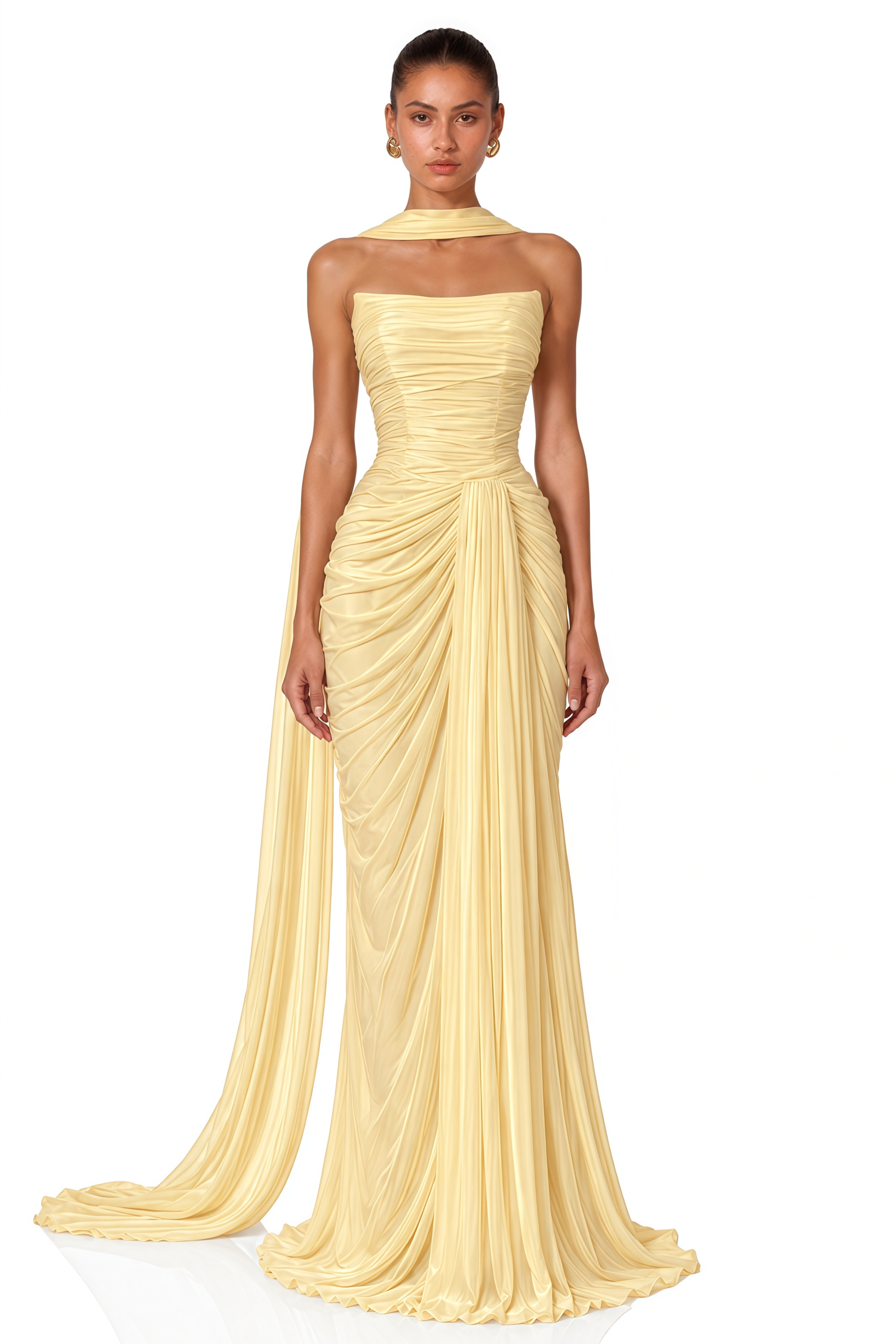 Ismene Yellow Ruched Strapless Maxi Dress with Scarf