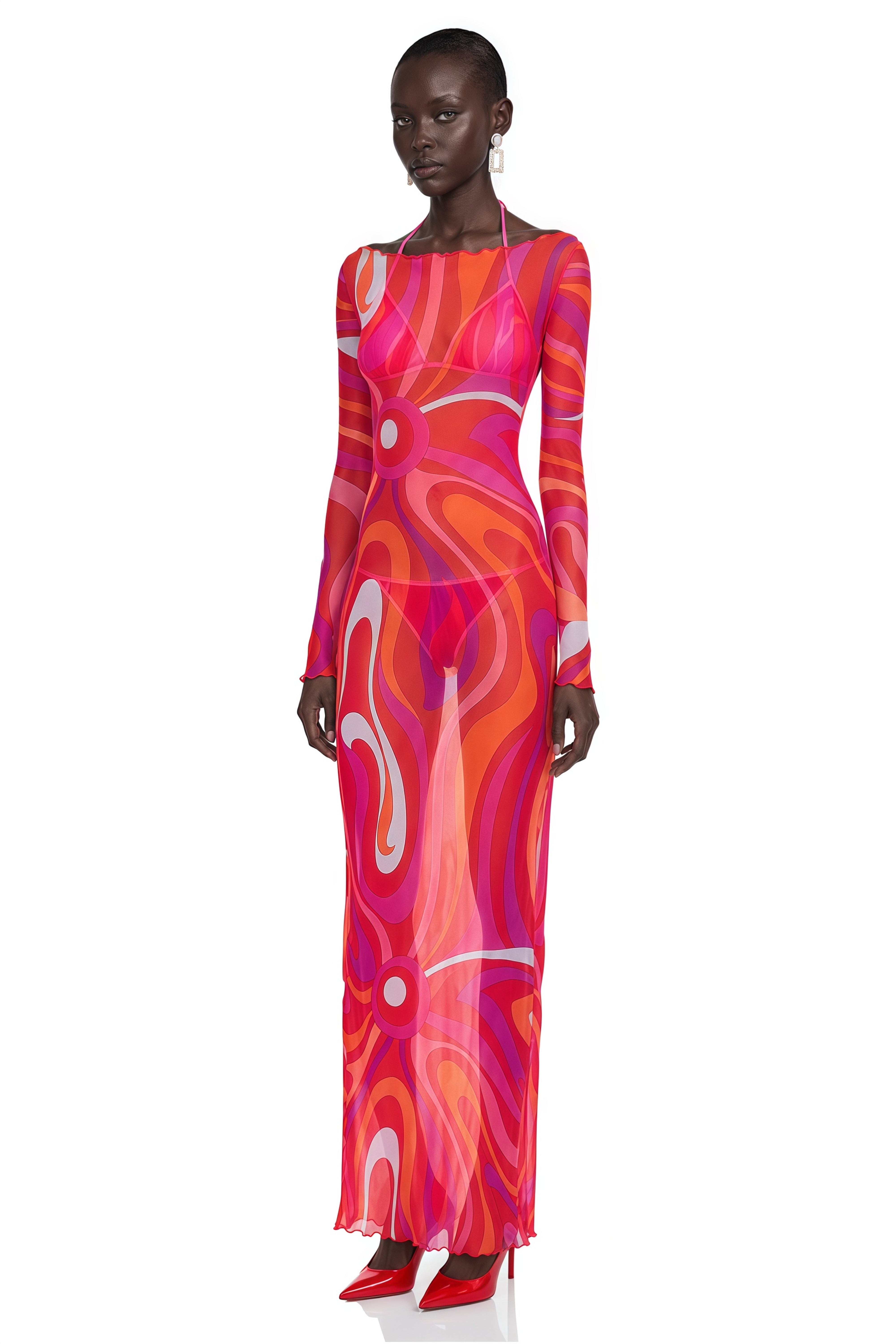 Ismeria Red Printed Long Sleeve Maxi Dress