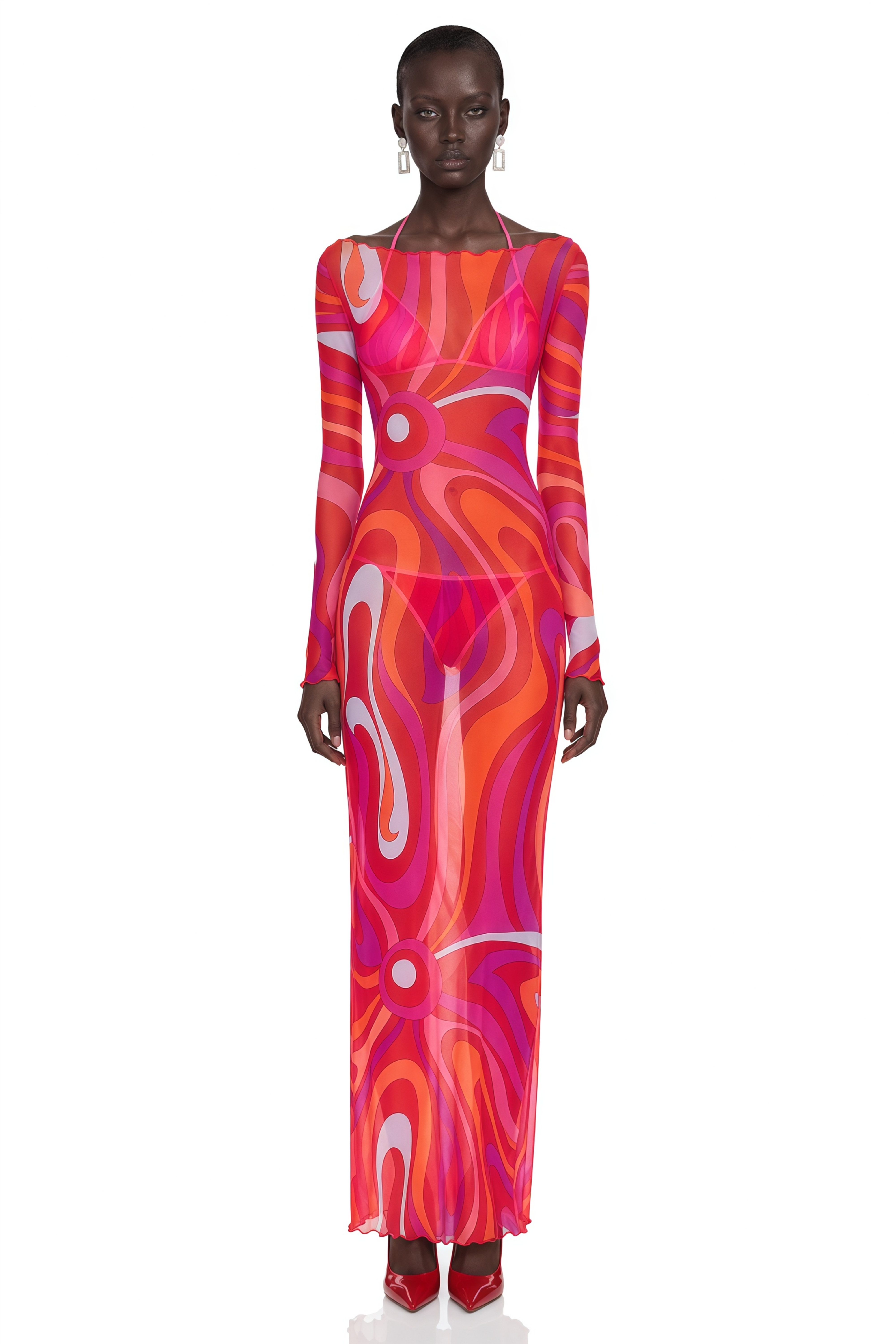 Ismeria Red Printed Long Sleeve Maxi Dress