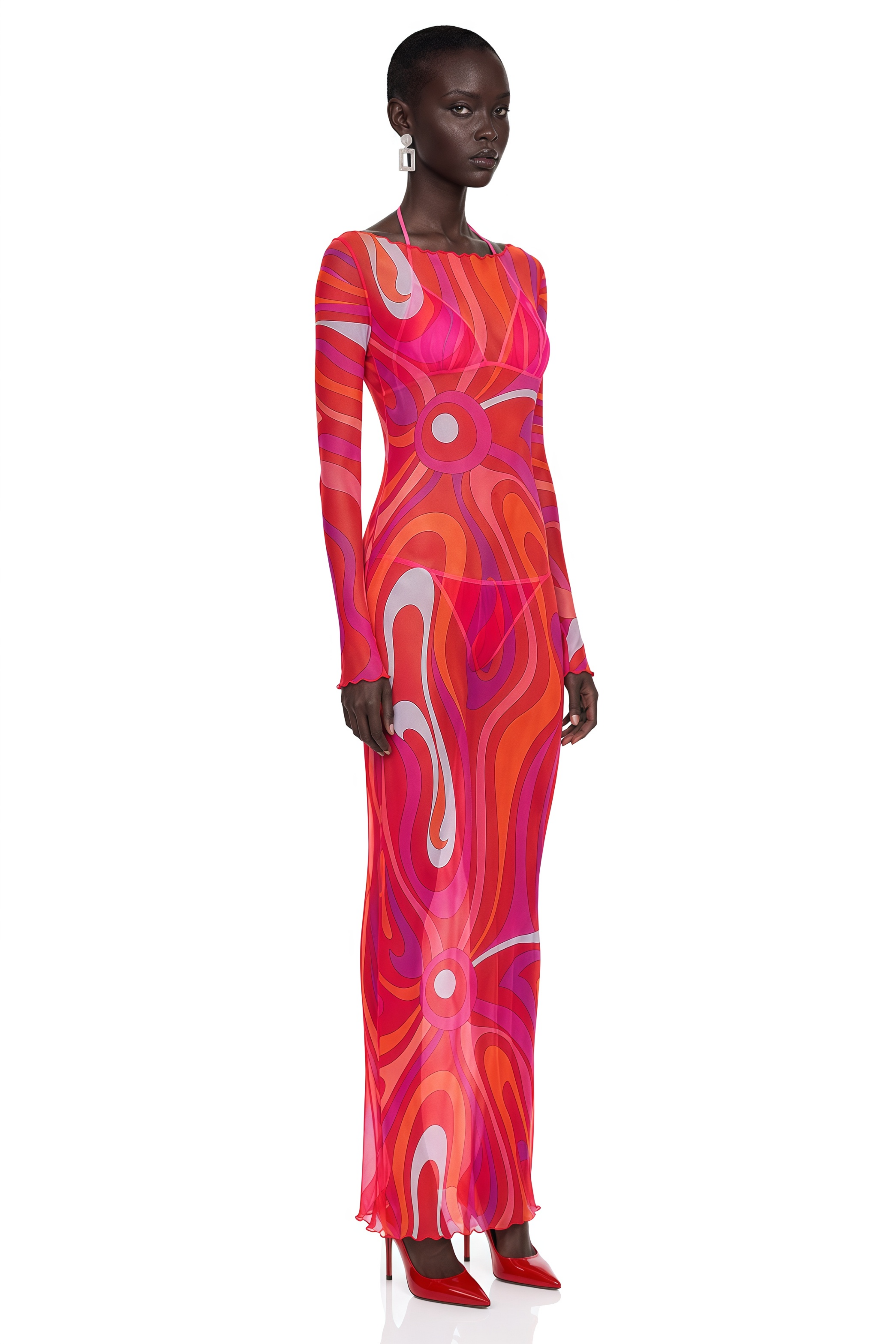 Ismeria Red Printed Long Sleeve Maxi Dress