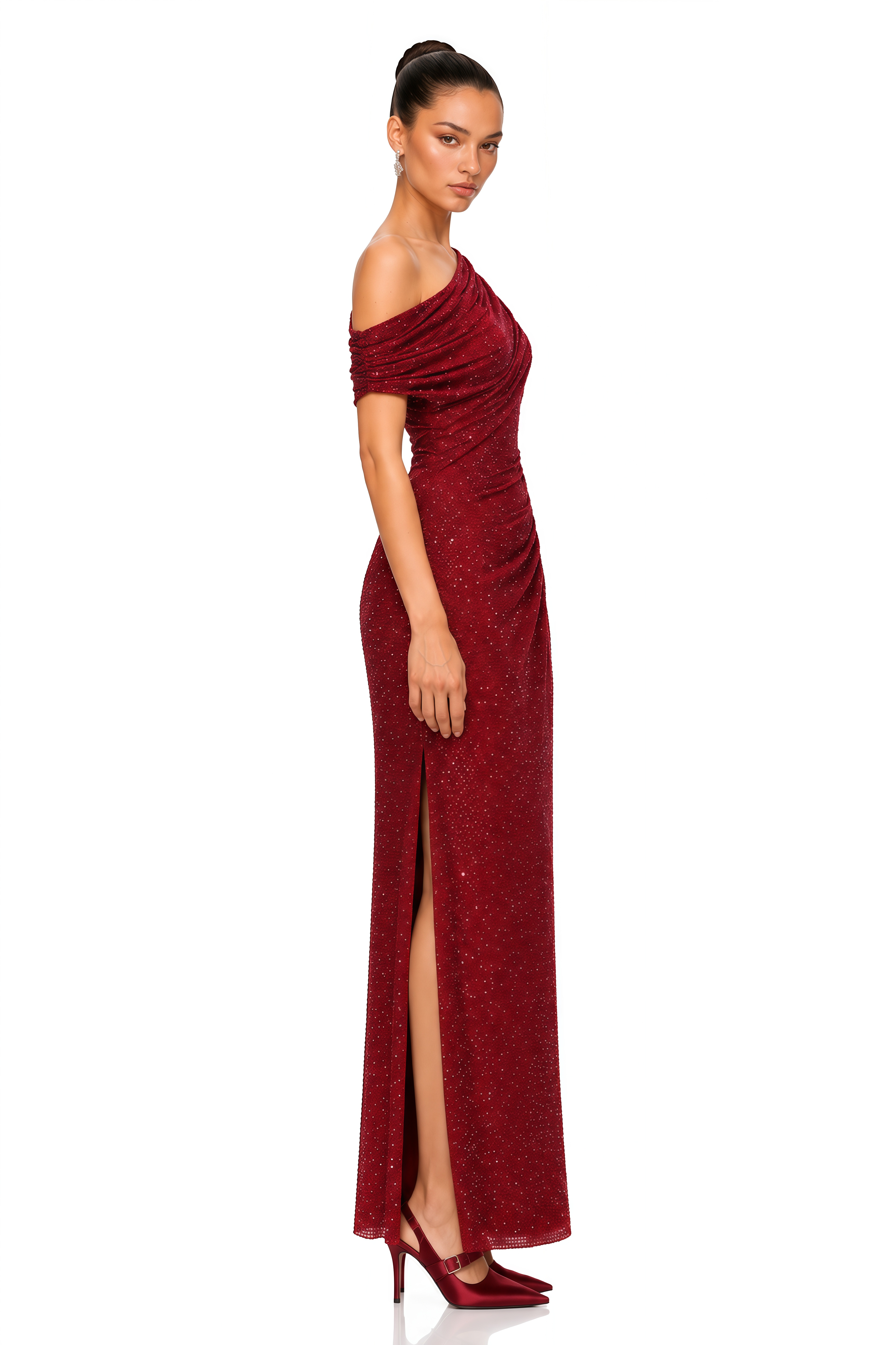 Isolde Burgundy Sequin Draped One Shoulder Maxi Dress