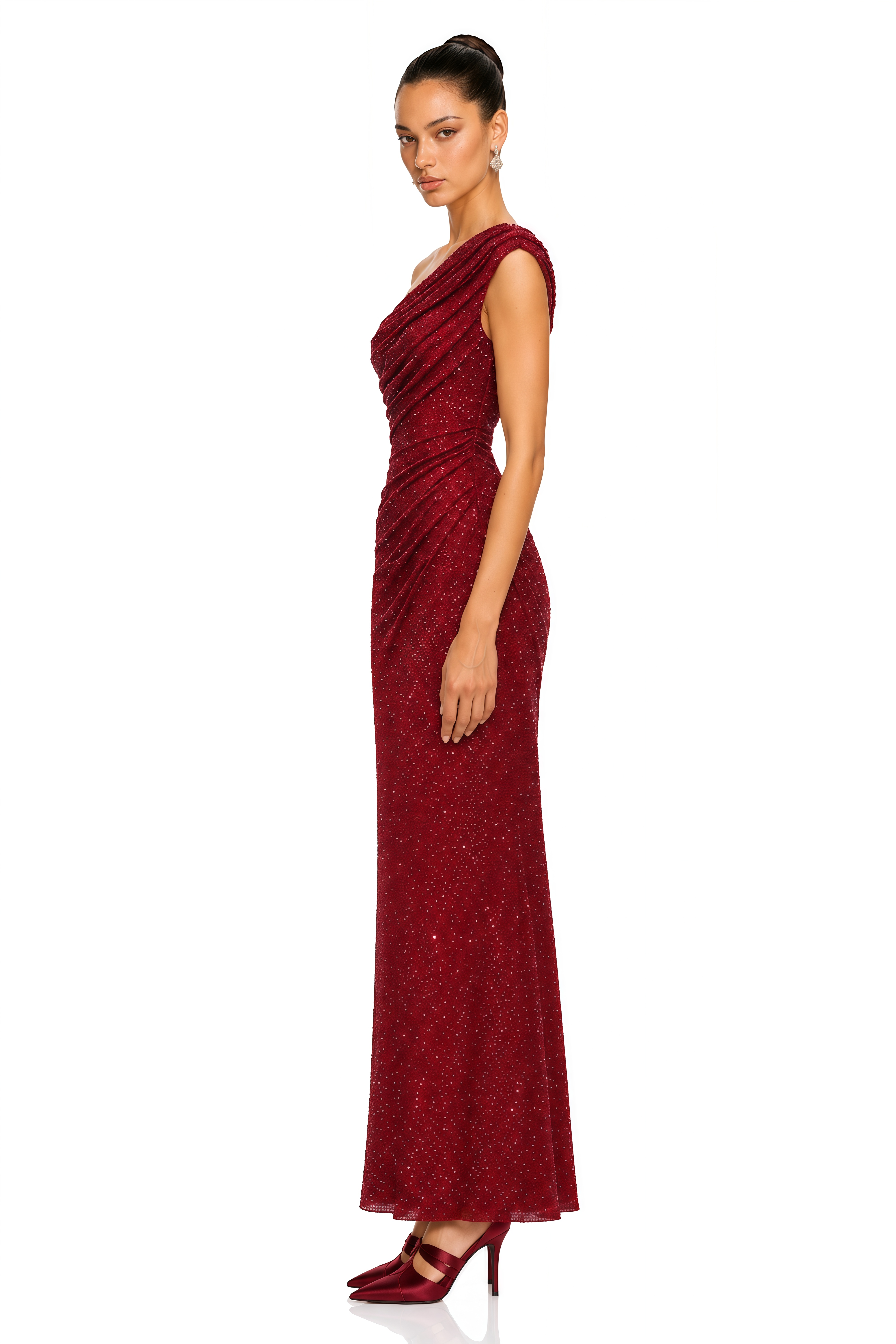Isolde Burgundy Sequin Draped One Shoulder Maxi Dress