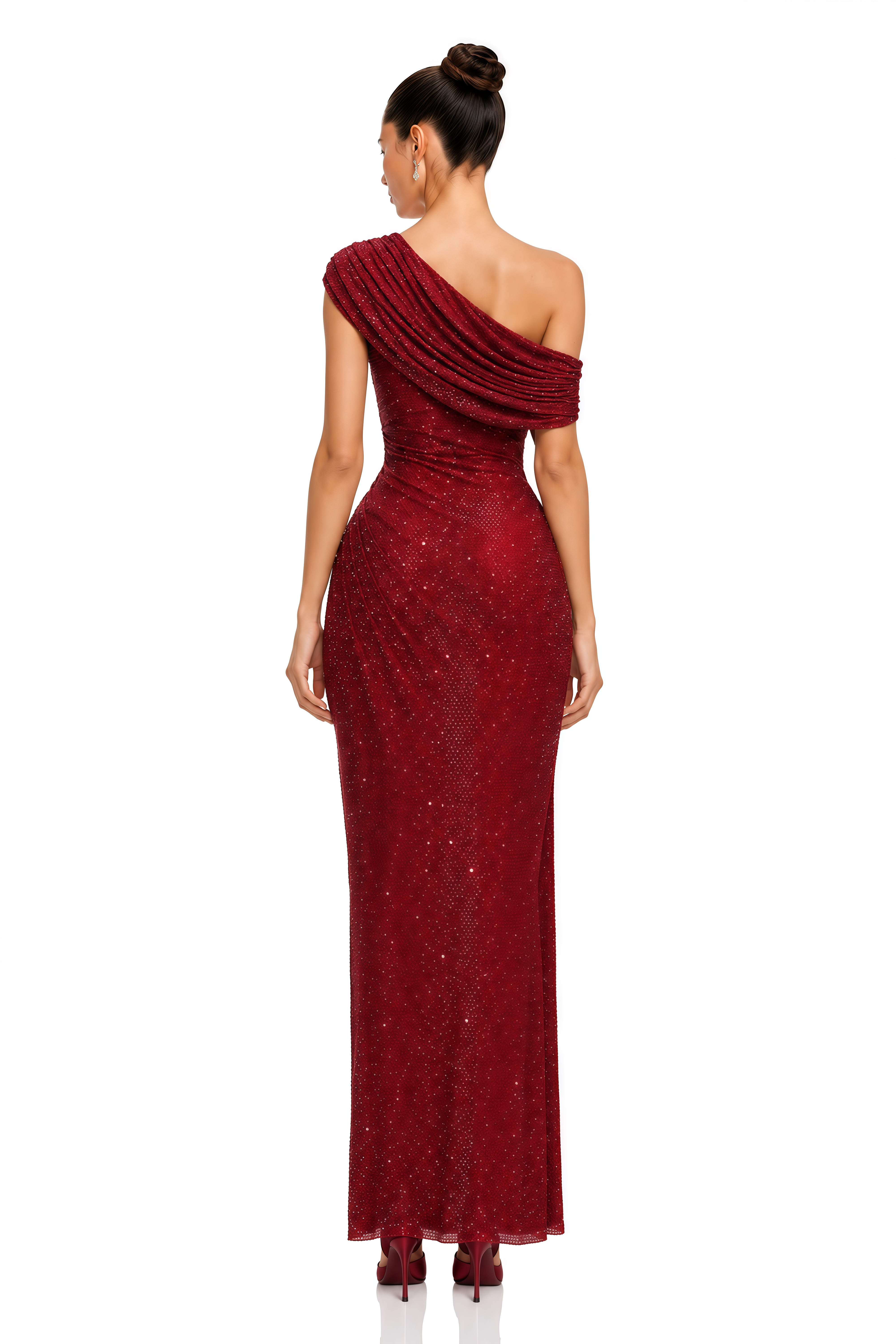 Isolde Burgundy Sequin Draped One Shoulder Maxi Dress