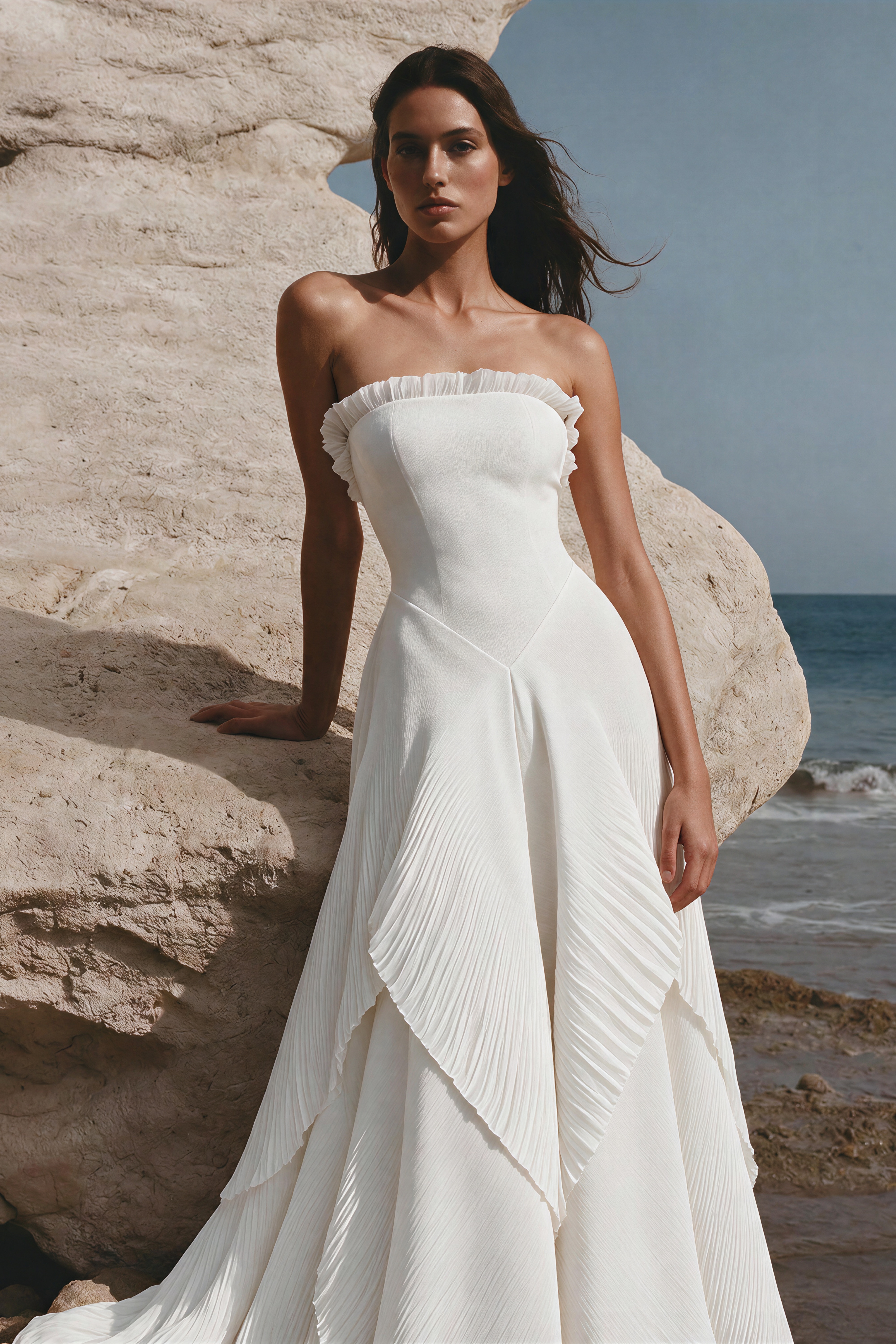 Isolde White Pleated Strapless Maxi Dress