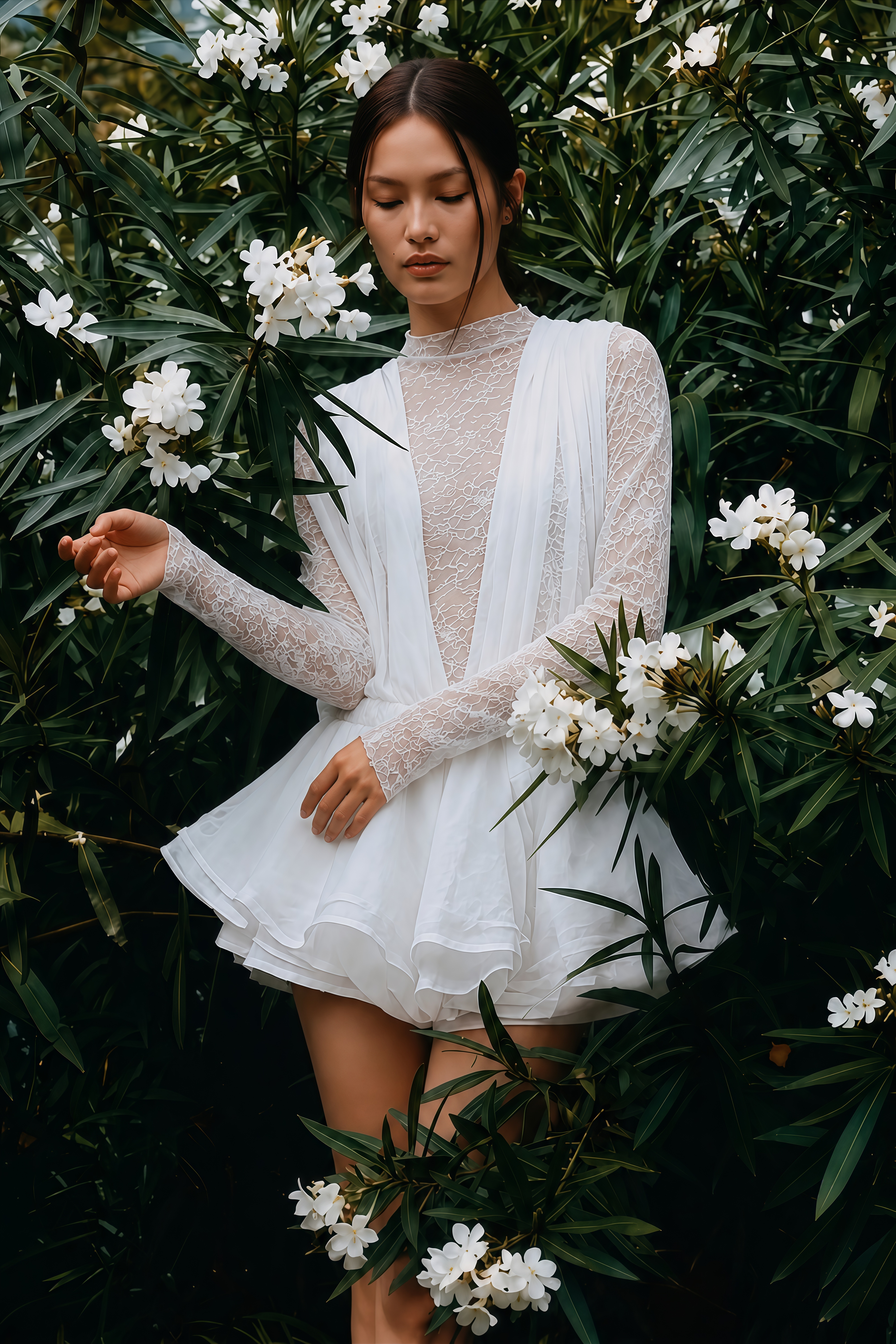 Isoline White Semi-Sheer Lace Top & Shorts & Dress Matching Set