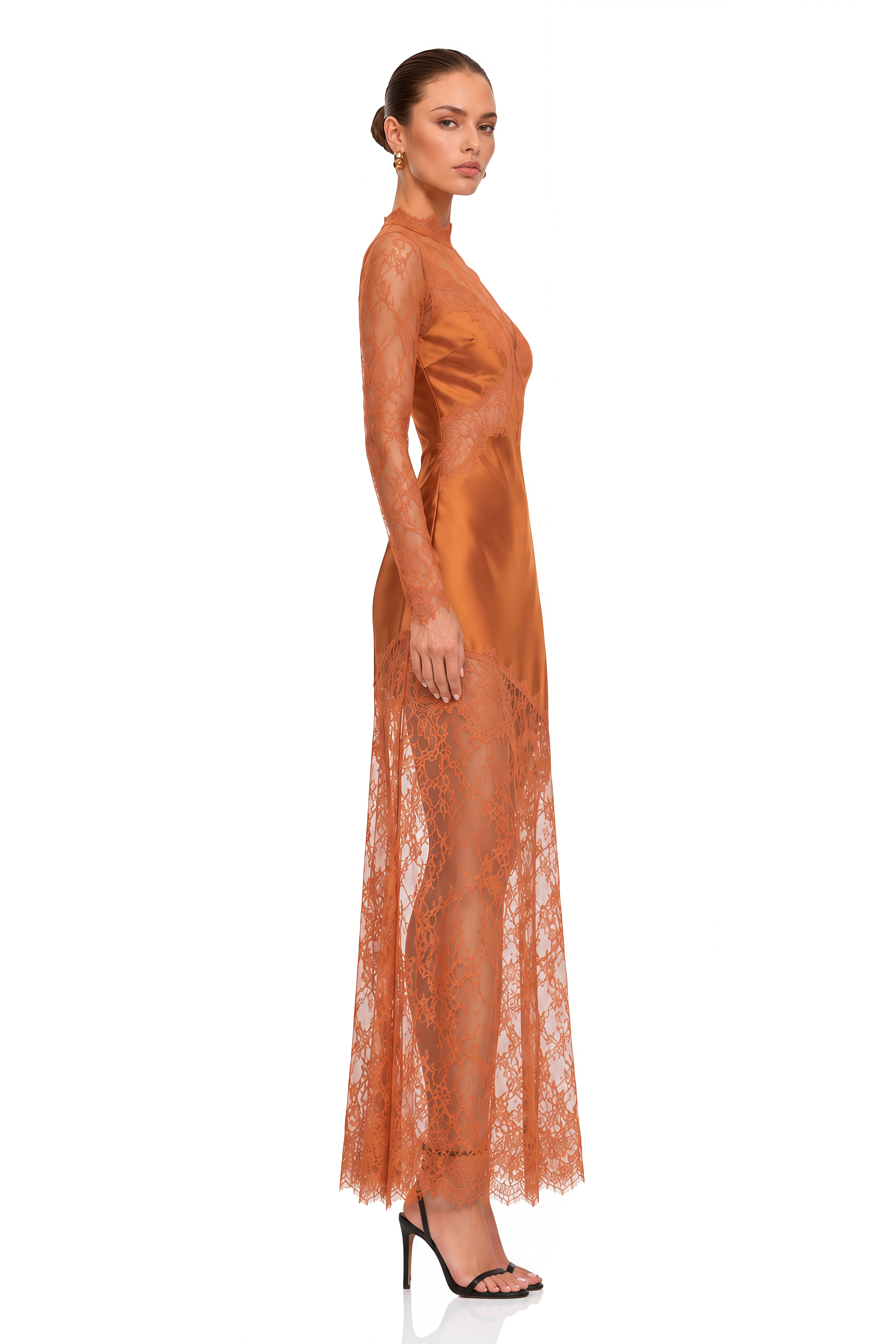 Ivy Brown Lace Satin Maxi Dress