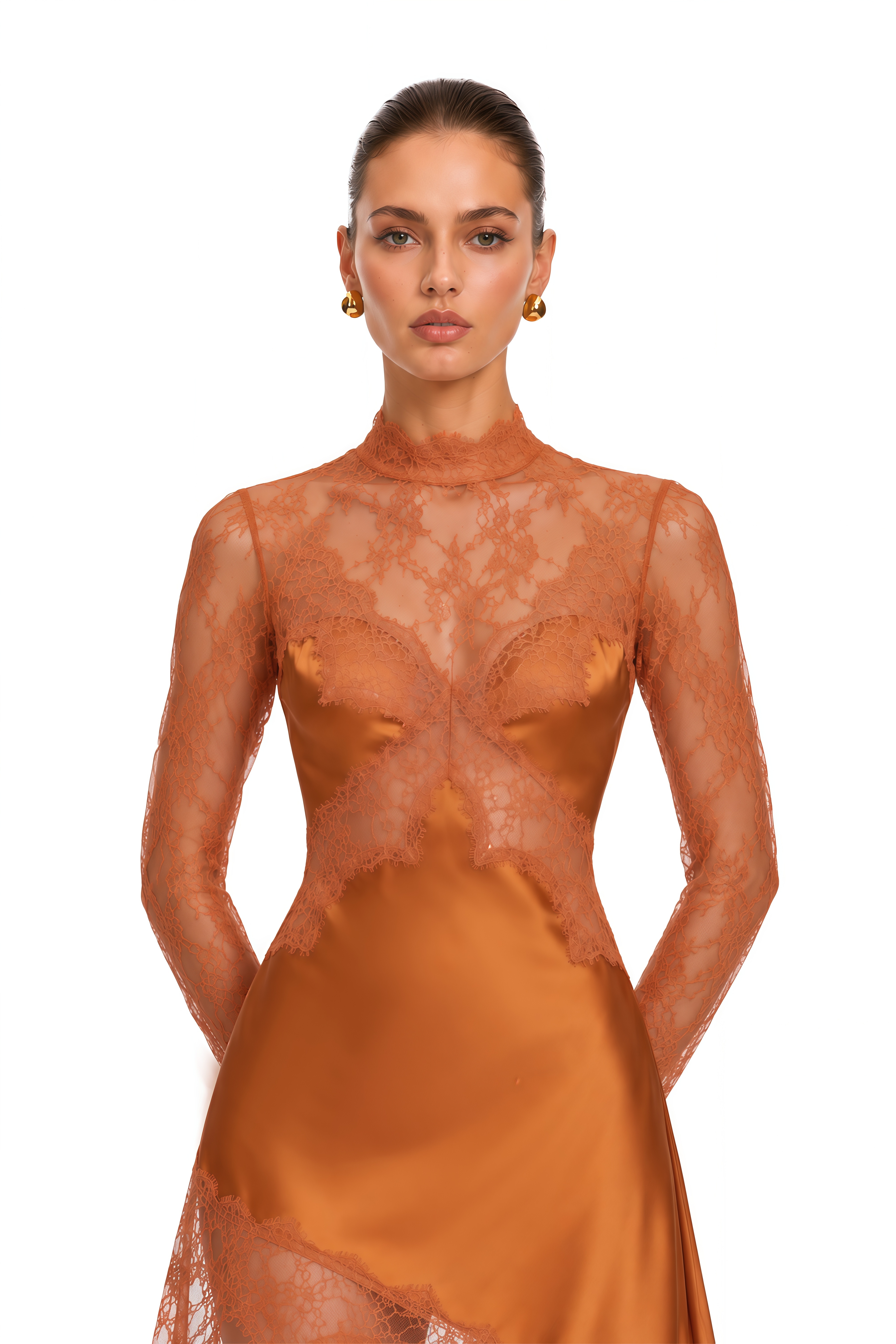 Ivy Brown Lace Satin Maxi Dress